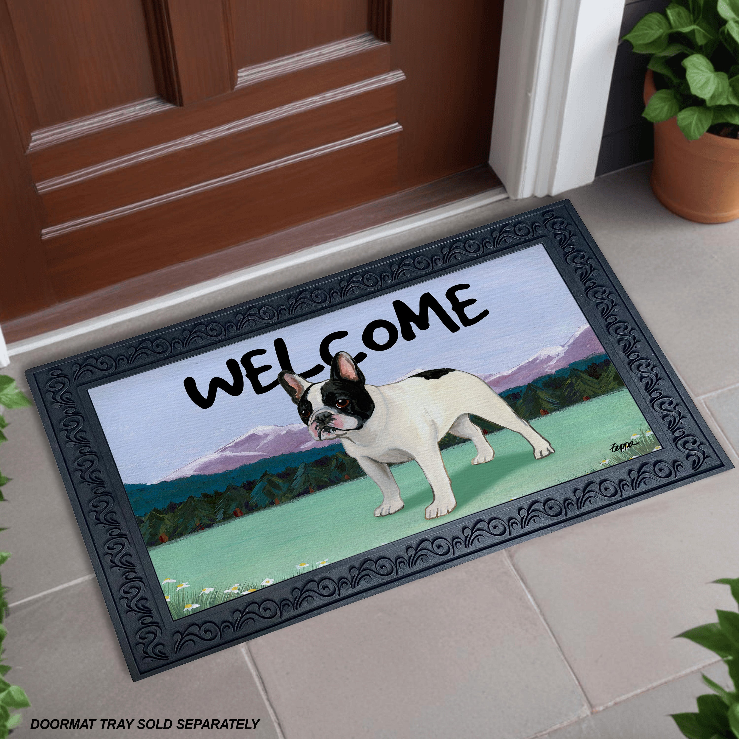 Black and White French Bulldog Mountain Scene Welcome Mat