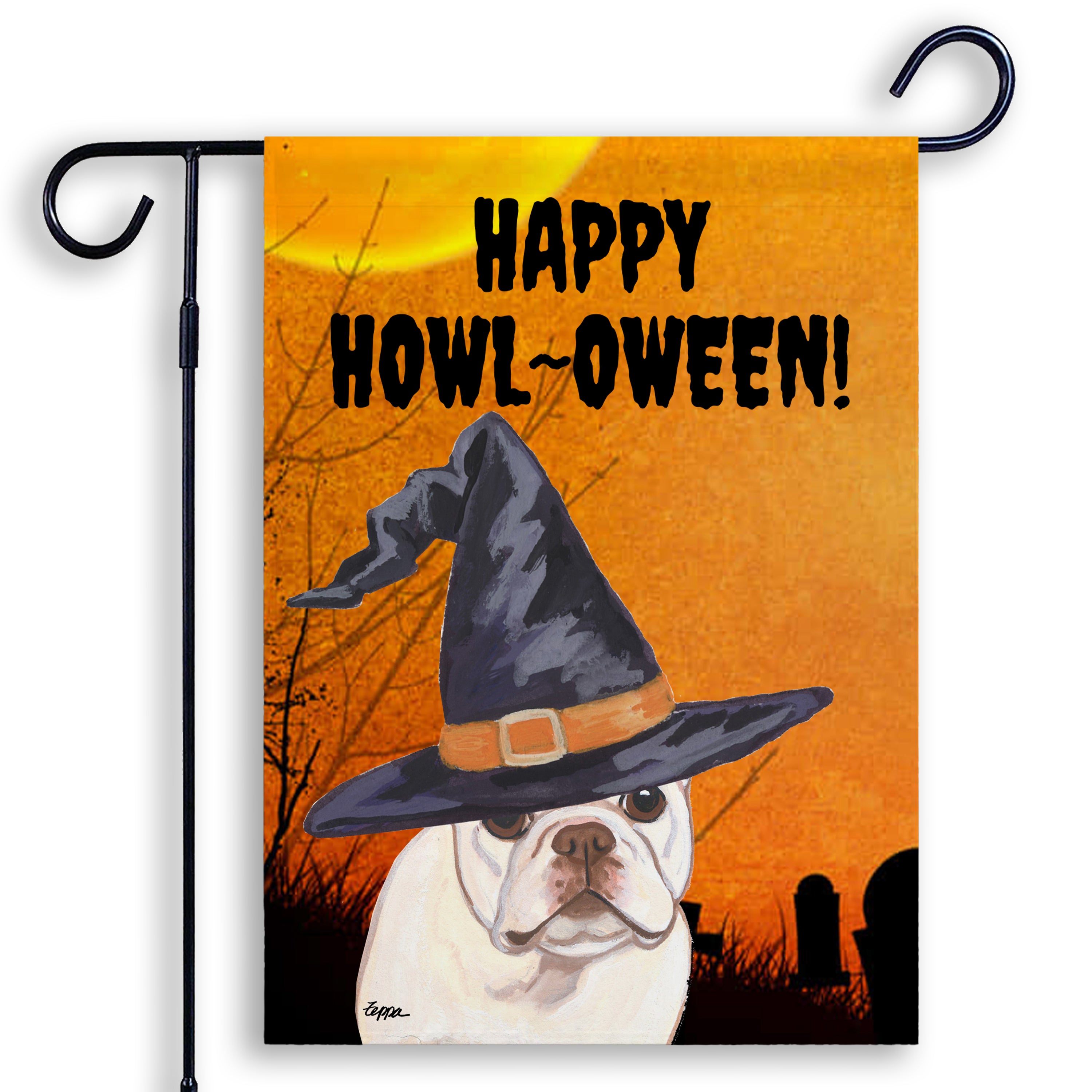 Halloween-themed garden flag with a French Bulldog wearing a witch hat and 'Happy Howl-Oween!' text on an orange background.