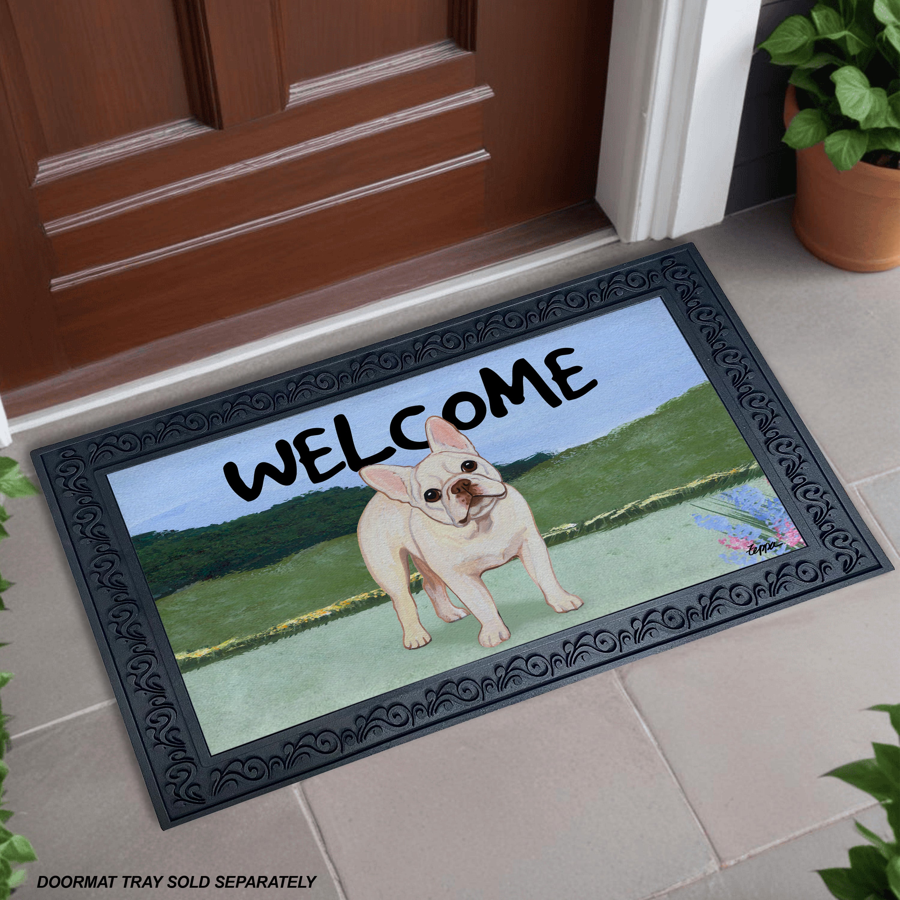 Creme French Bulldog Yard Scene Welcome Mat