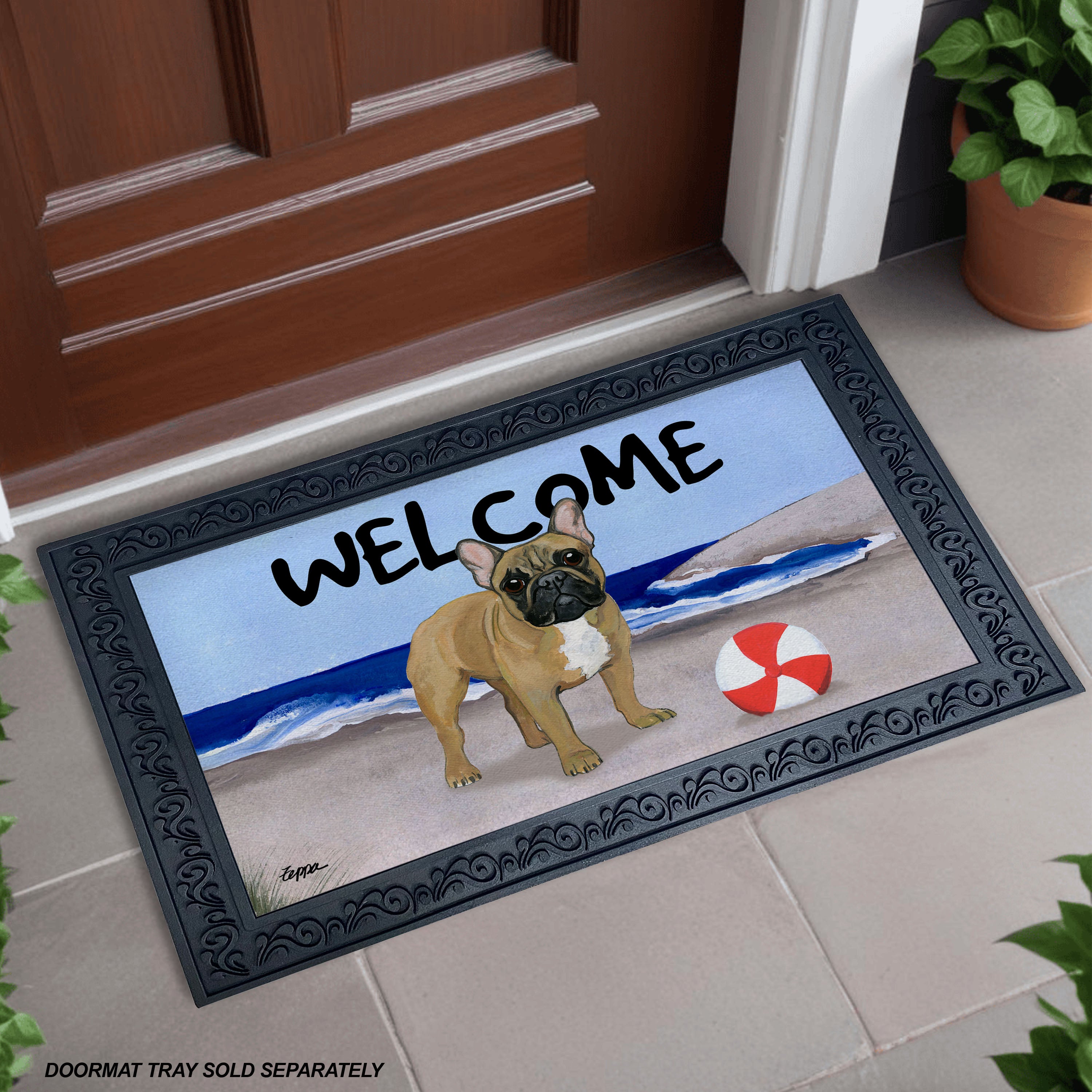 Fawn French Bulldog Beach Scene Welcome Mat