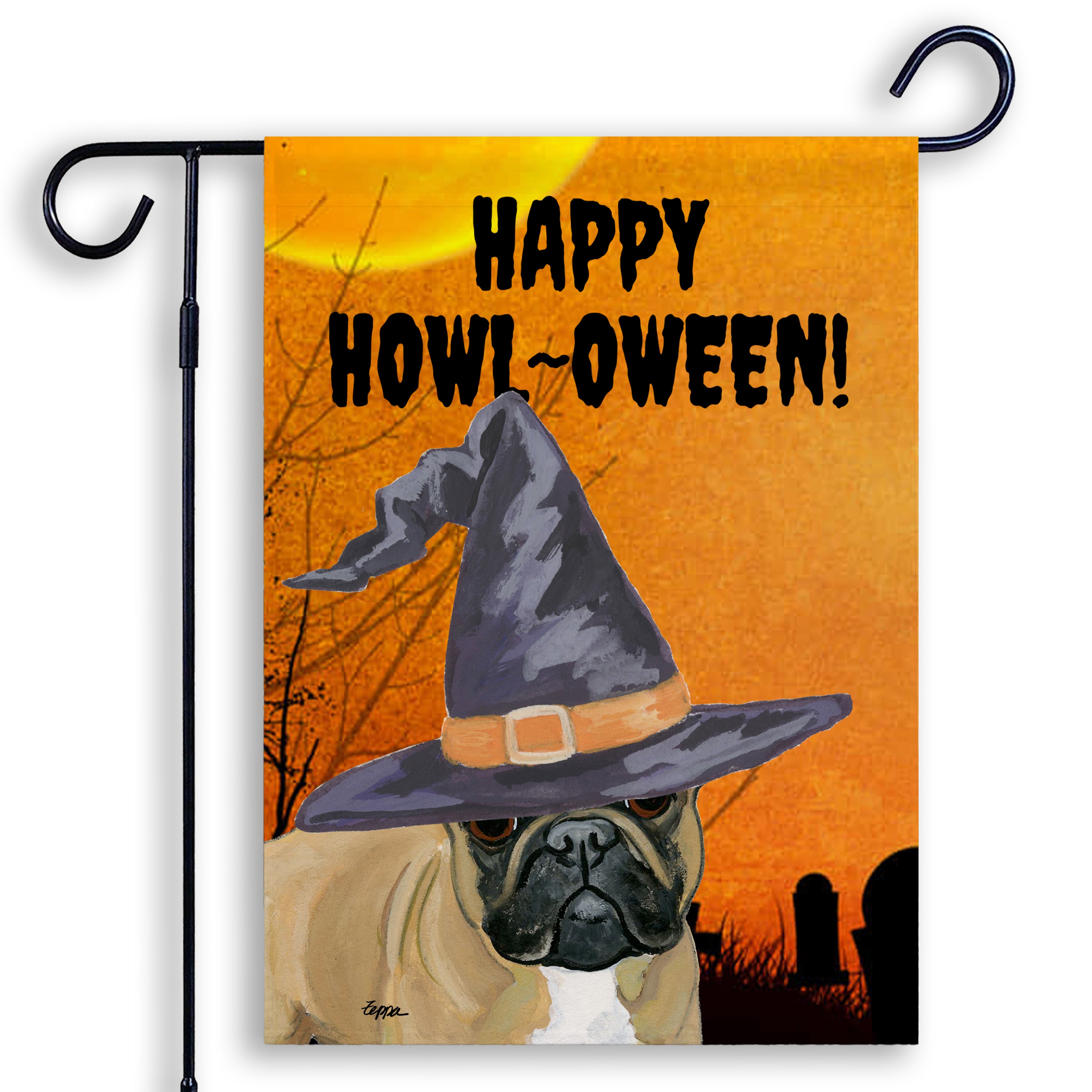 Halloween-themed garden flag with a French Bulldog wearing a witch hat and 'Happy Howl-Oween!' text on an orange background.