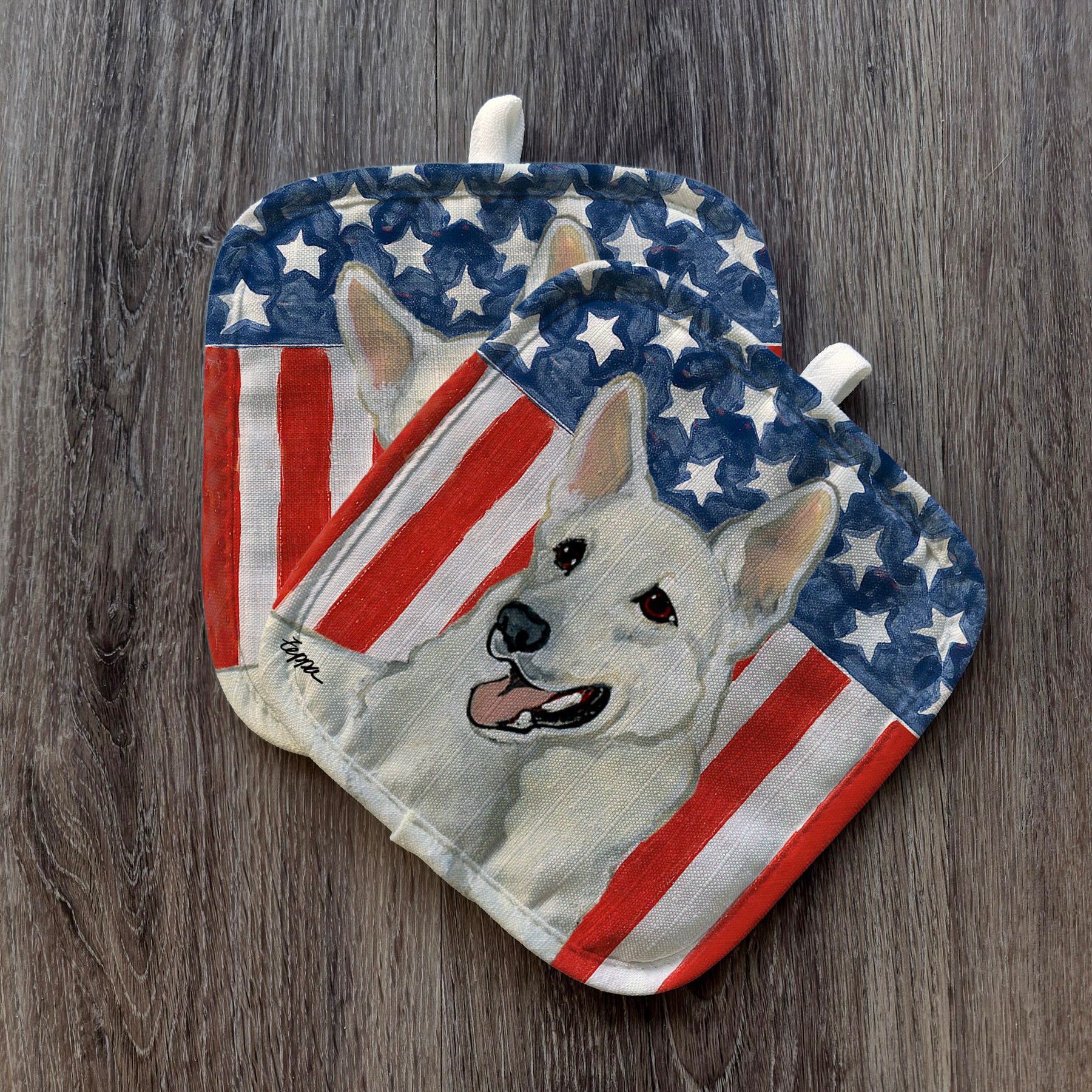 White German Shepherd Americana Pot Holder Set