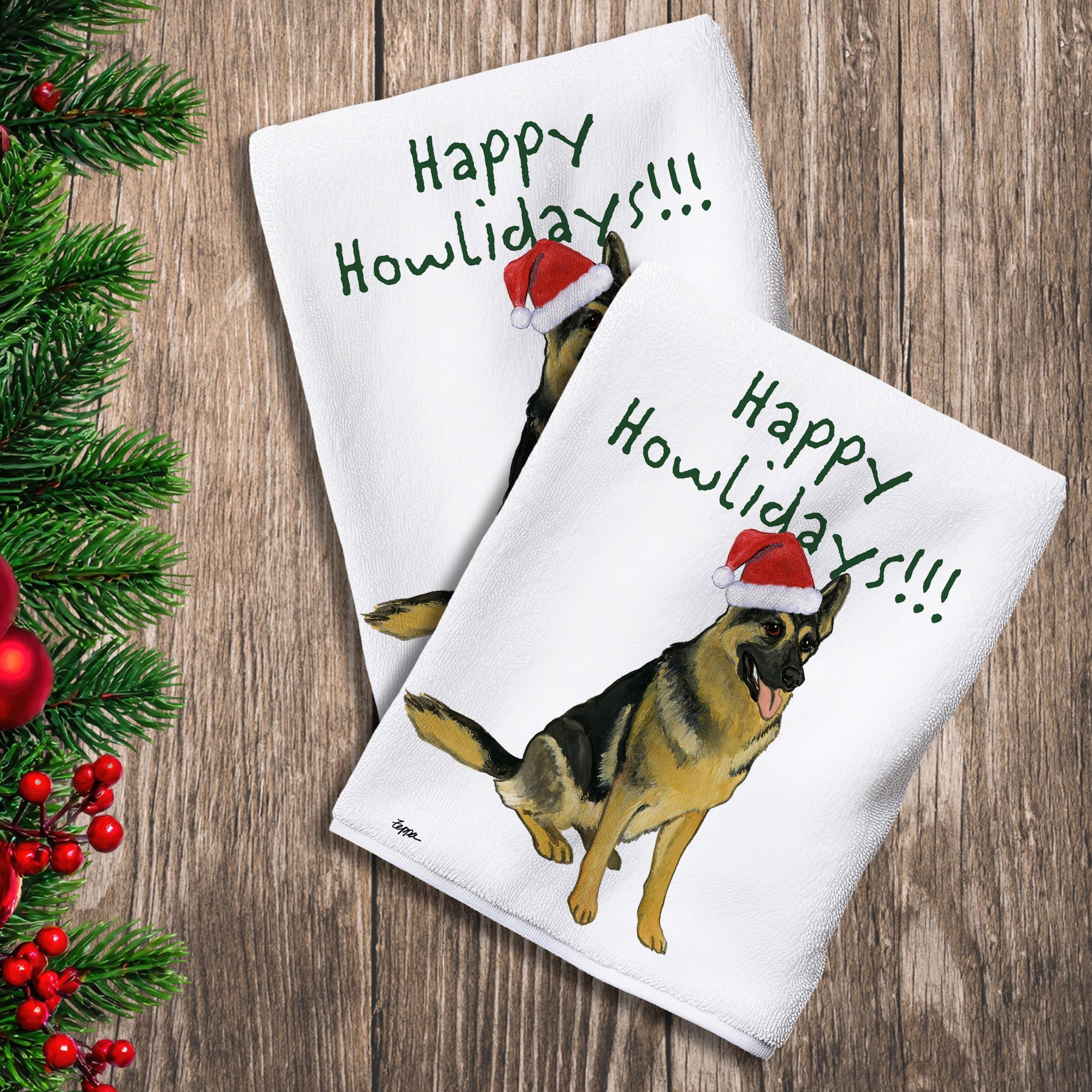 2 Kitchen Towels with a German Shepherd in a Santa Hat and Happy Howlidays text. 