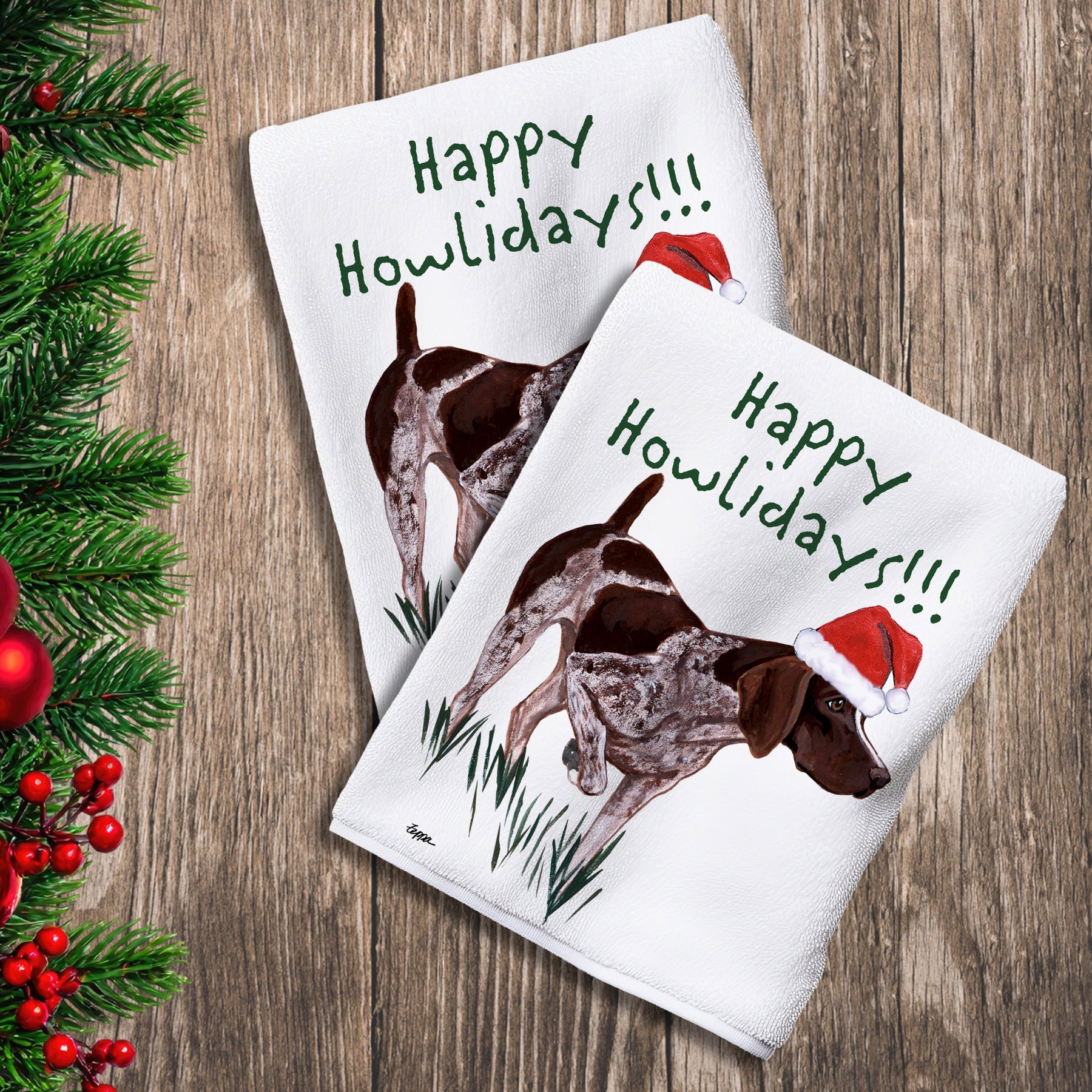 2 Kitchen Towels with a German Shorthair Pointer in a Santa Hat and Happy Howlidays text. 