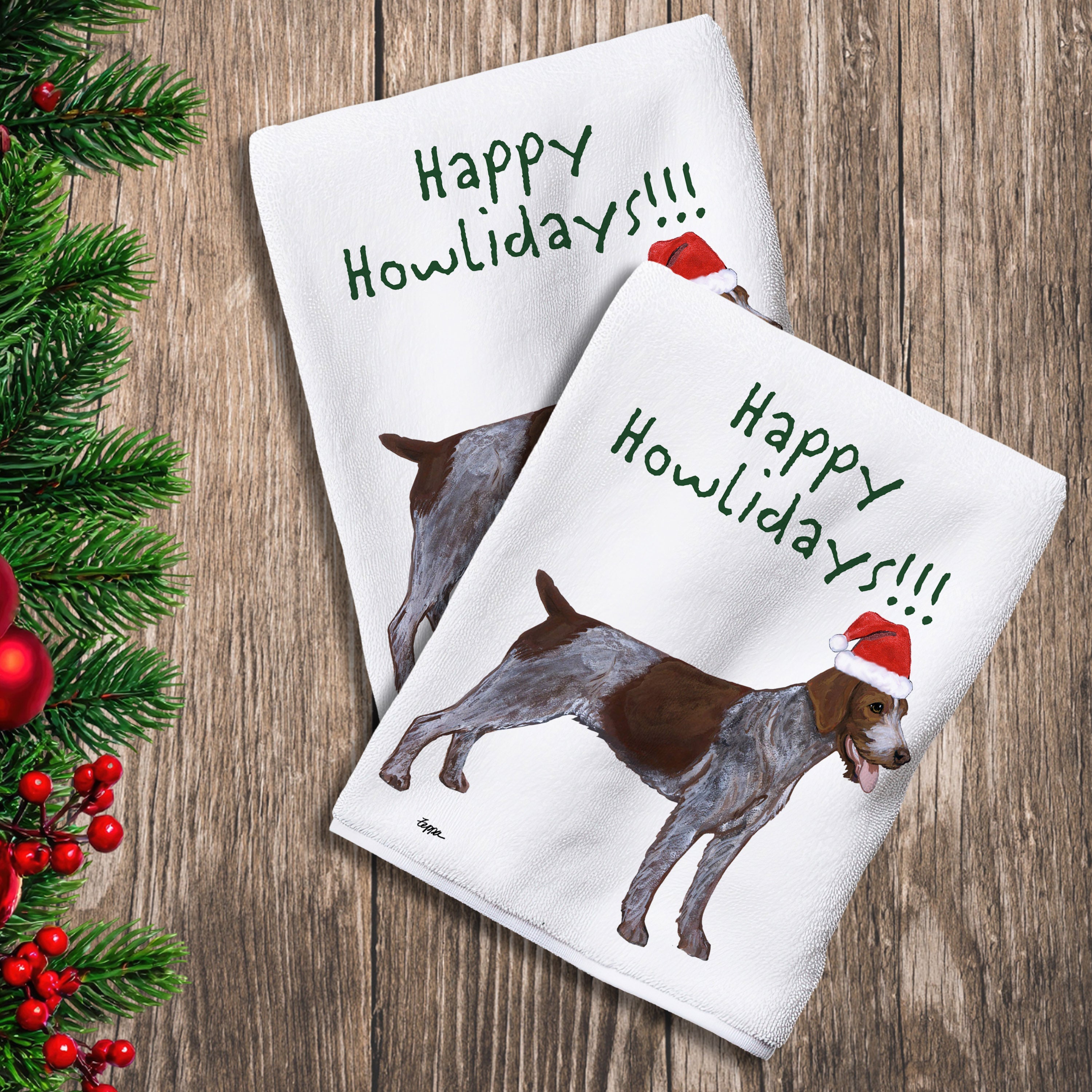 2 Kitchen Towels with a German Wirehaired Pointer in a Santa Hat and Happy Howlidays text. 