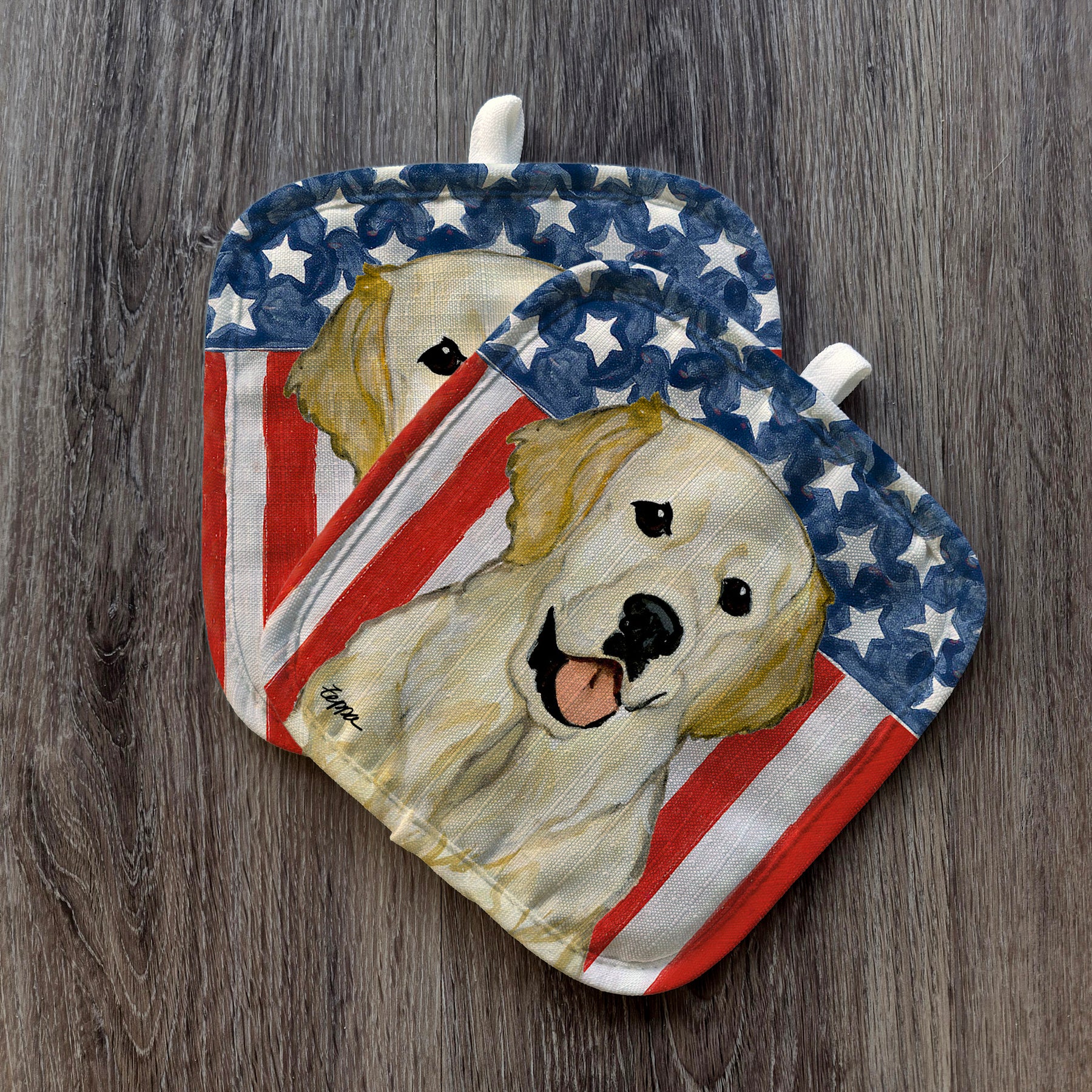 English Cream Golden Retriever Americana Pot Holder Set
