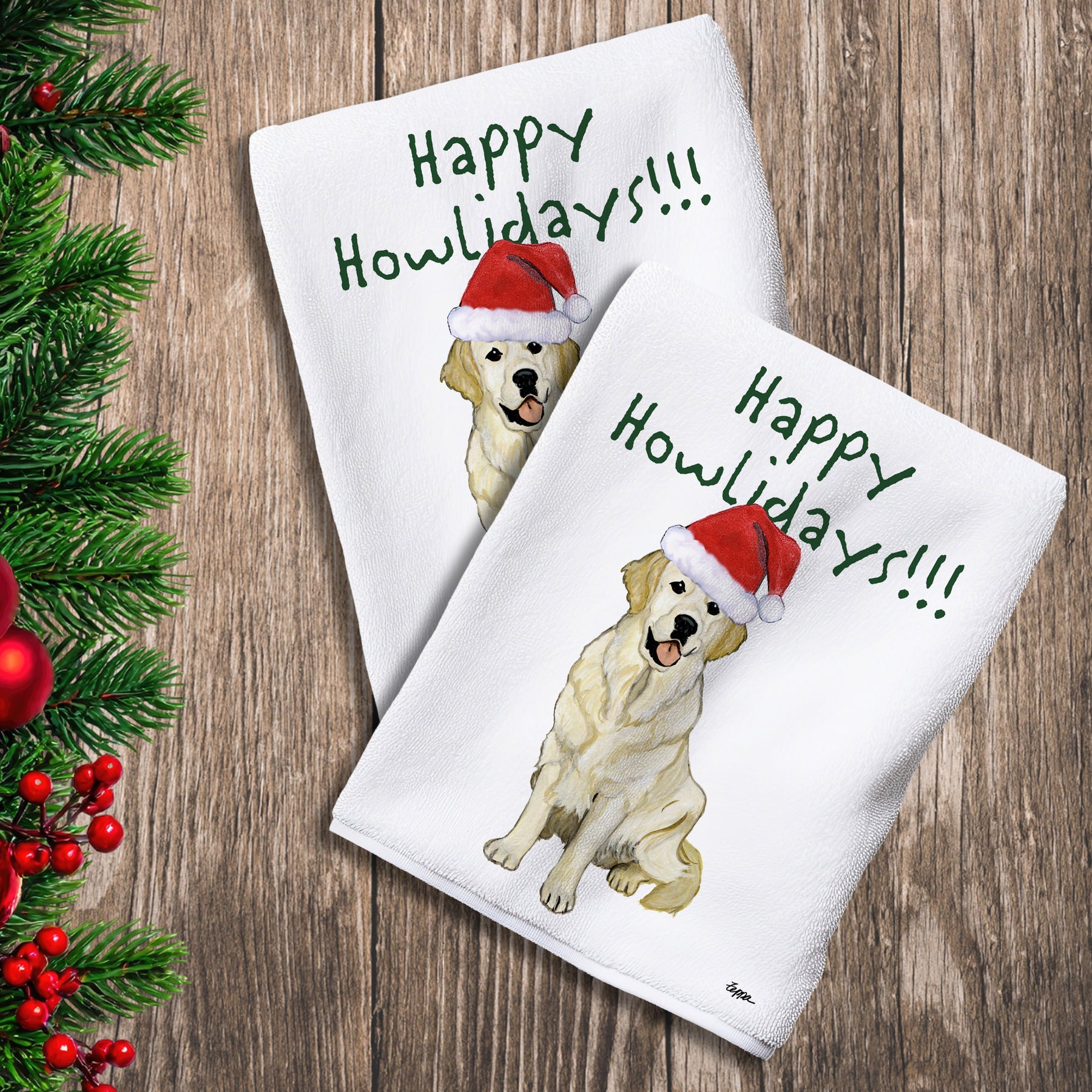 2 Kitchen Towels with an English Cream Golden Retriever in a Santa Hat and Happy Howlidays text.
