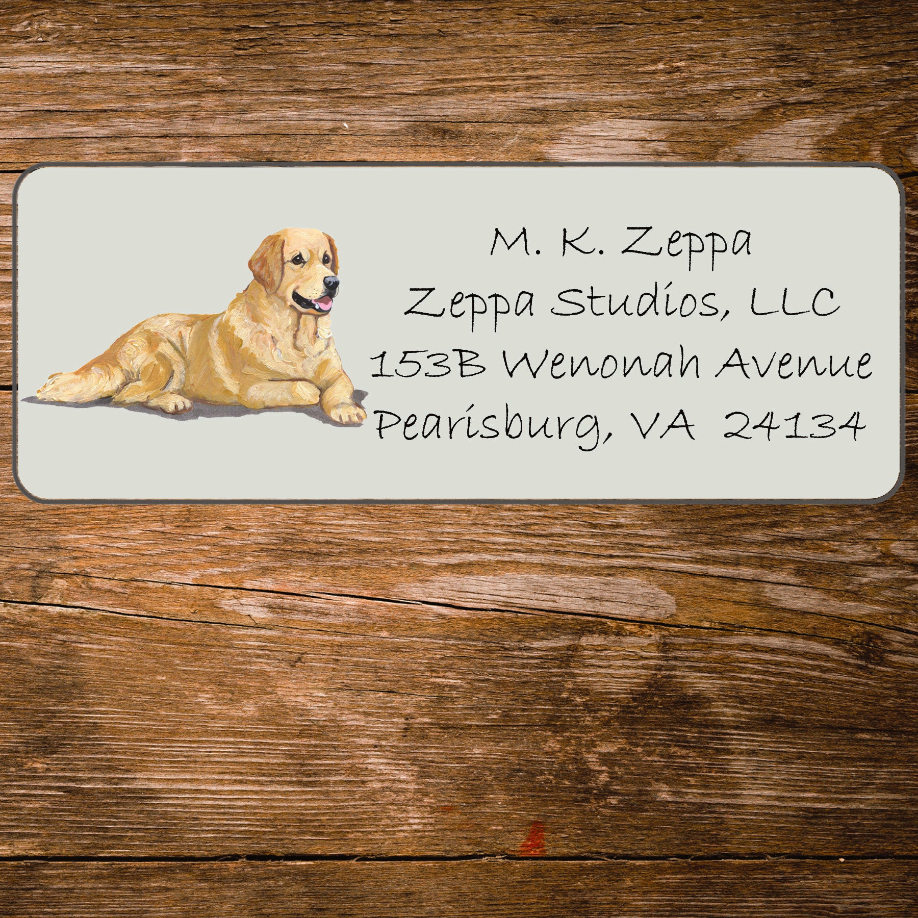 Return address label with a Golden Retriever illustration.