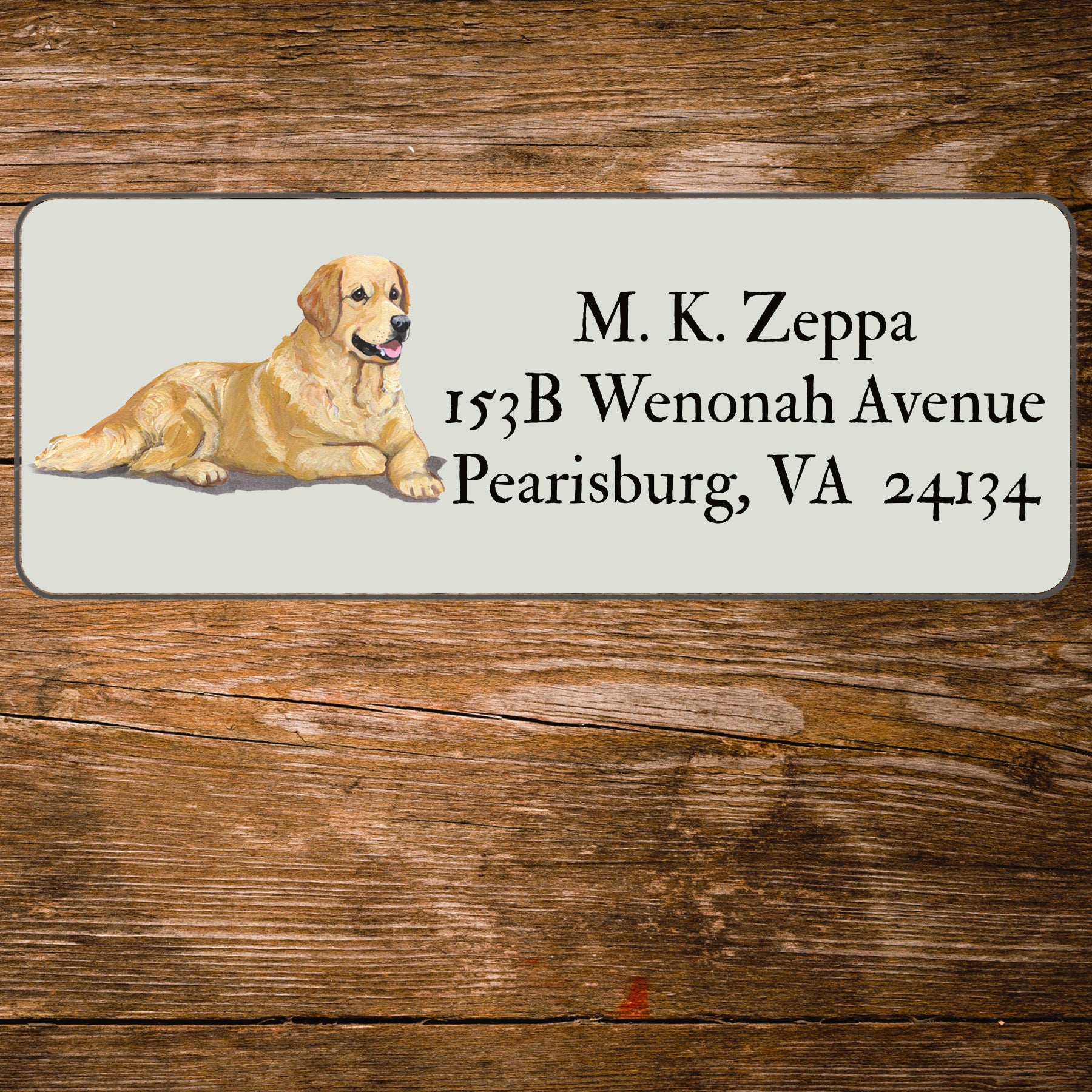 Return address label with a Golden Retriever illustration.