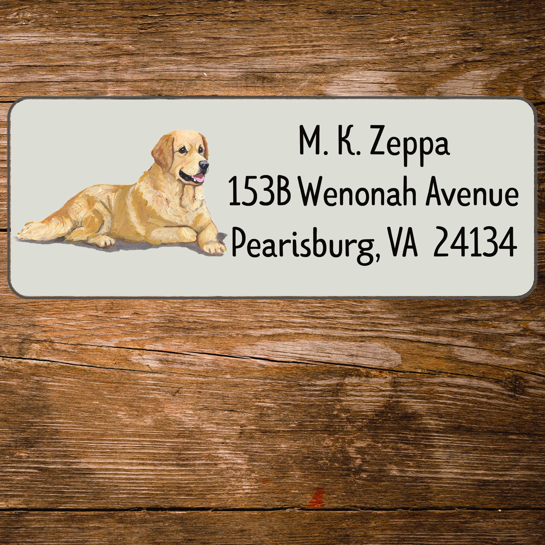Return address label with a Golden Retriever illustration.