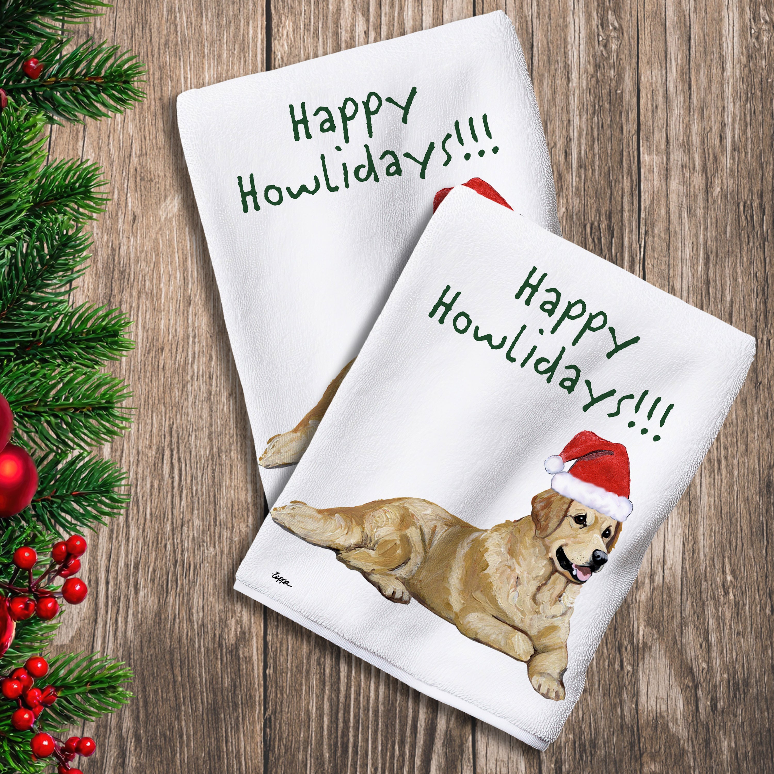 2 Kitchen Towels with a Golden Retriever in a Santa Hat and Happy Howlidays text.
