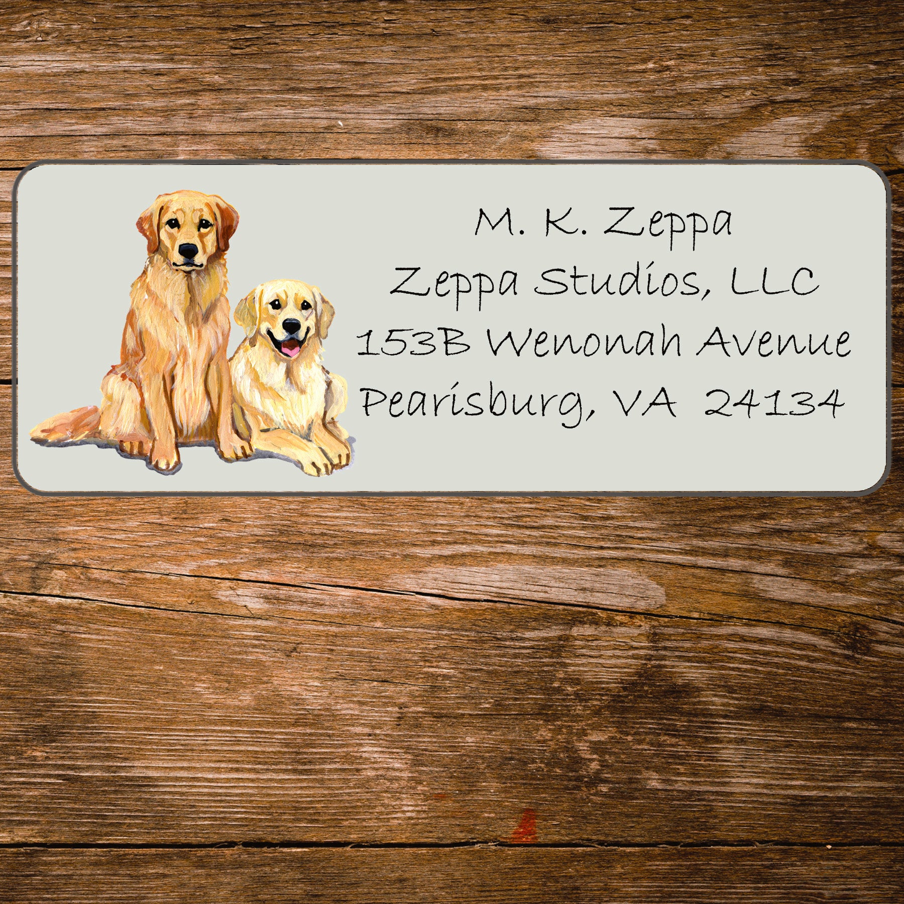 Return address label with a Golden Retriever illustration.