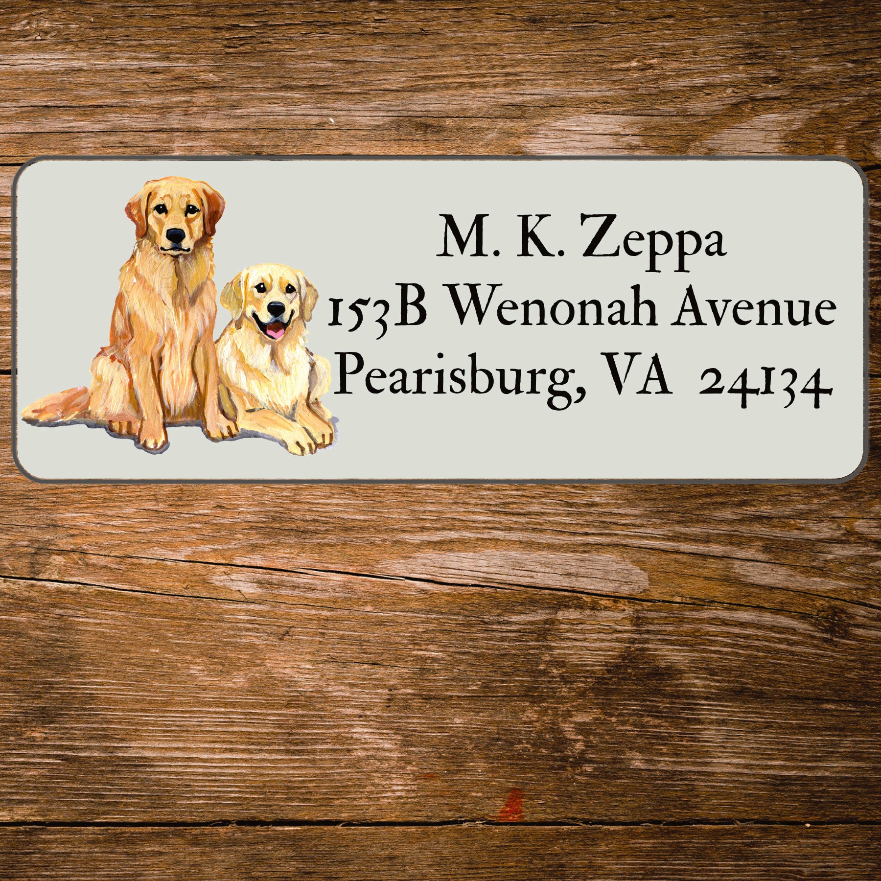 Return address label with a Golden Retriever illustration.