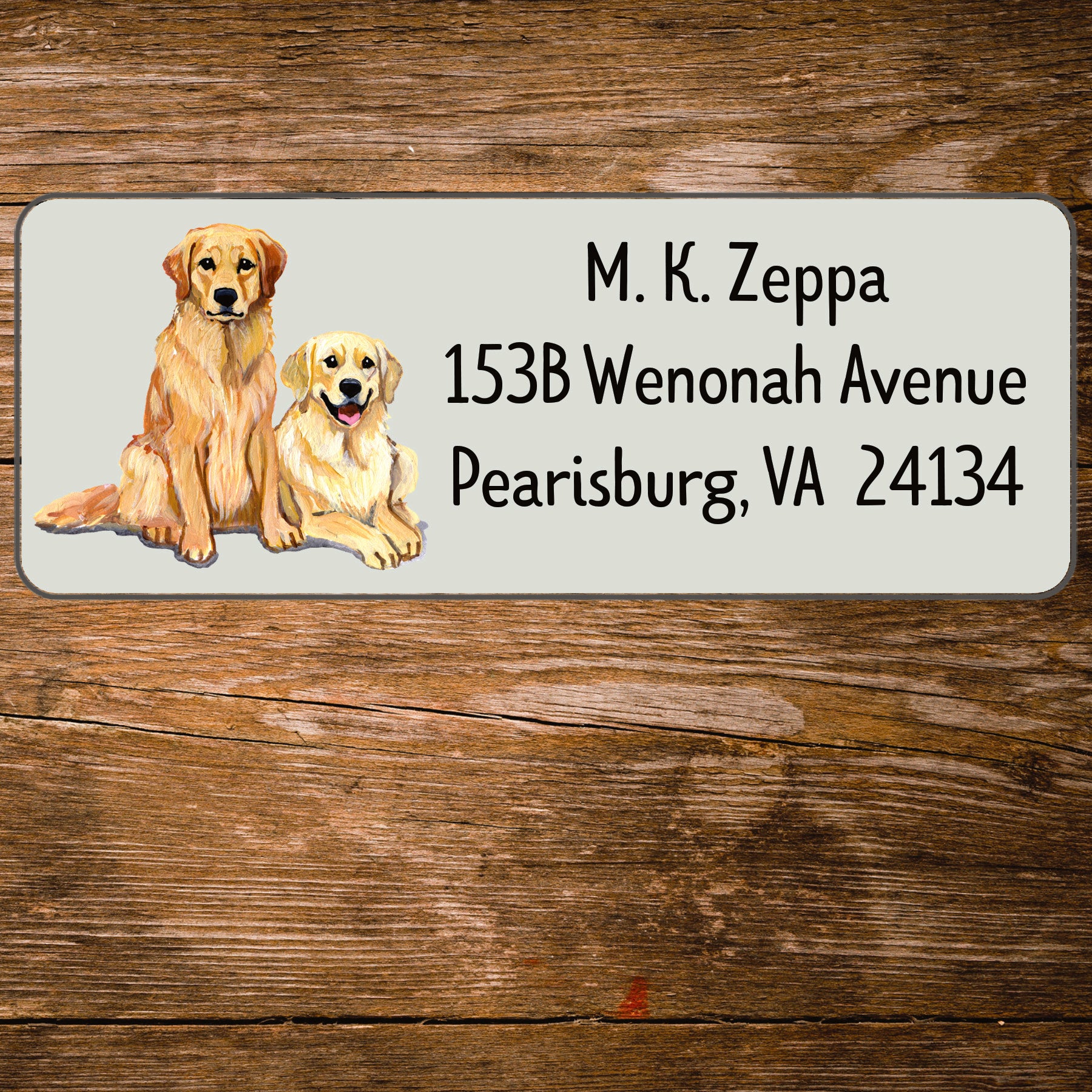 Return address label with a Golden Retriever illustration.