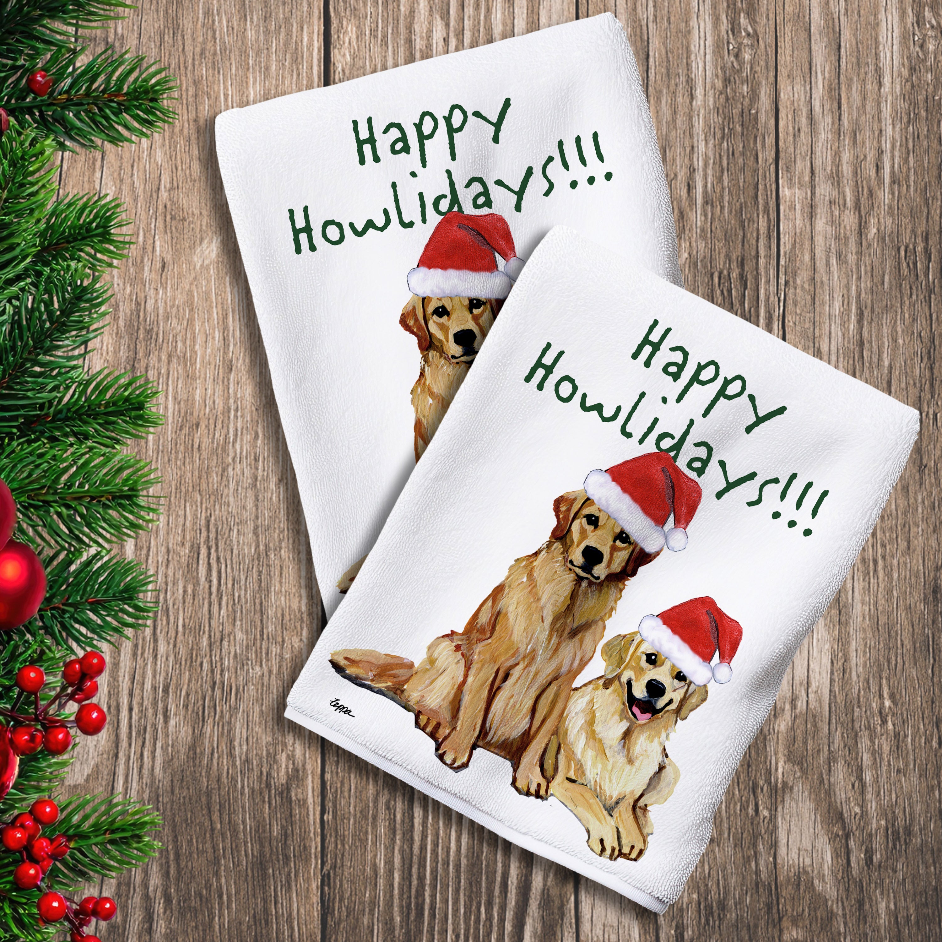 2 Kitchen Towels with a pair of Golden Retrievers in a Santa Hat and Happy Howlidays text.
