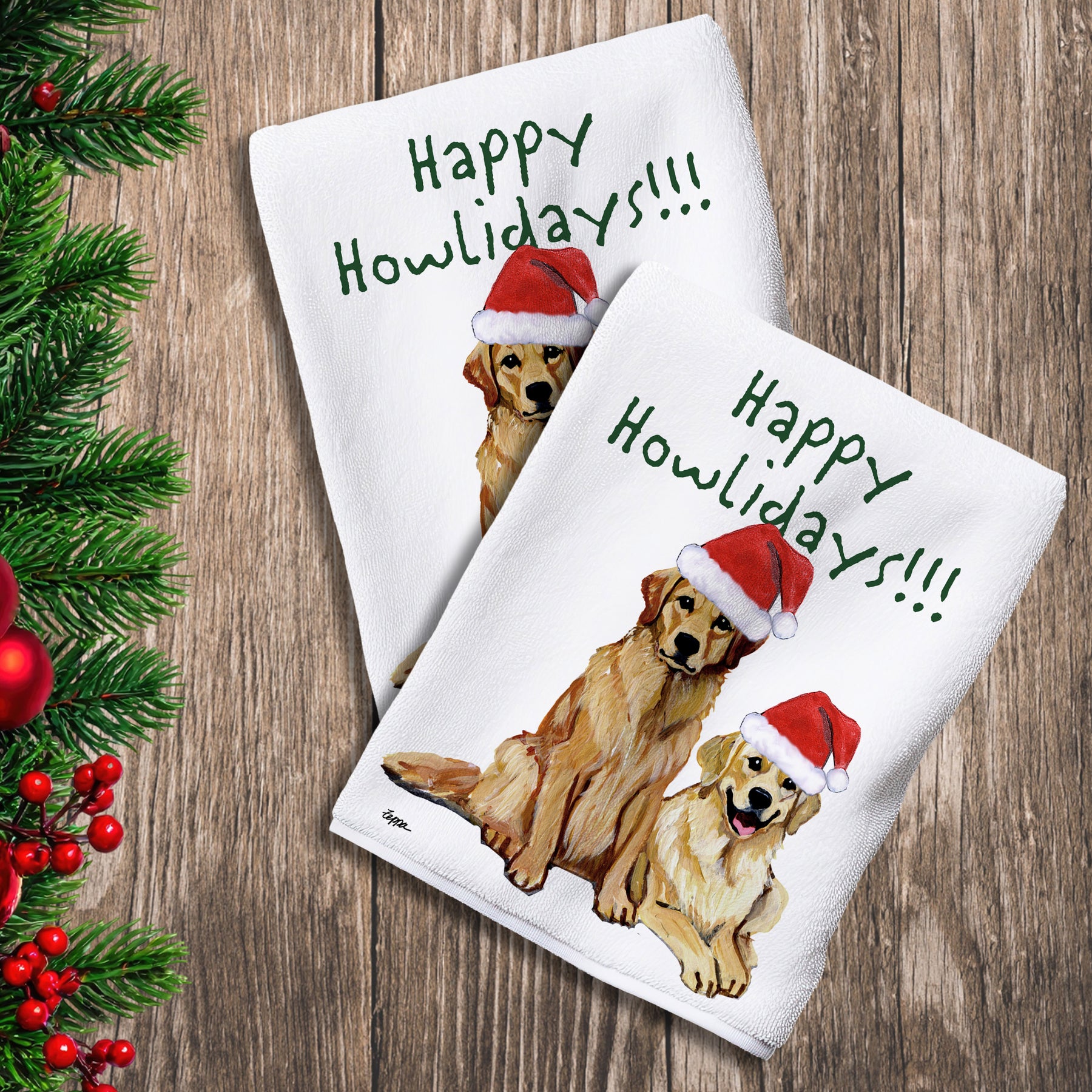 2 Kitchen Towels with a pair of Golden Retrievers in a Santa Hat and Happy Howlidays text.
