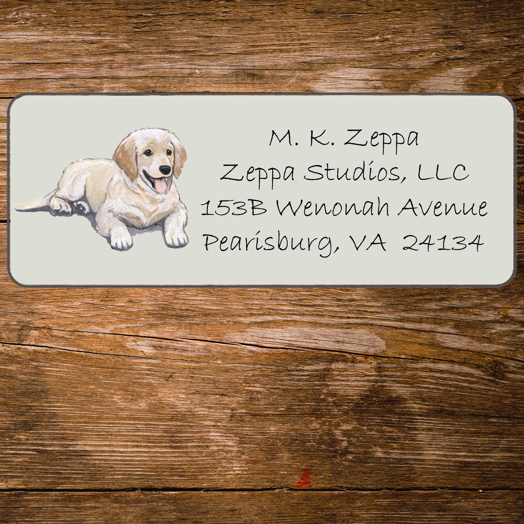 Return address label with a Golden Retriever illustration.