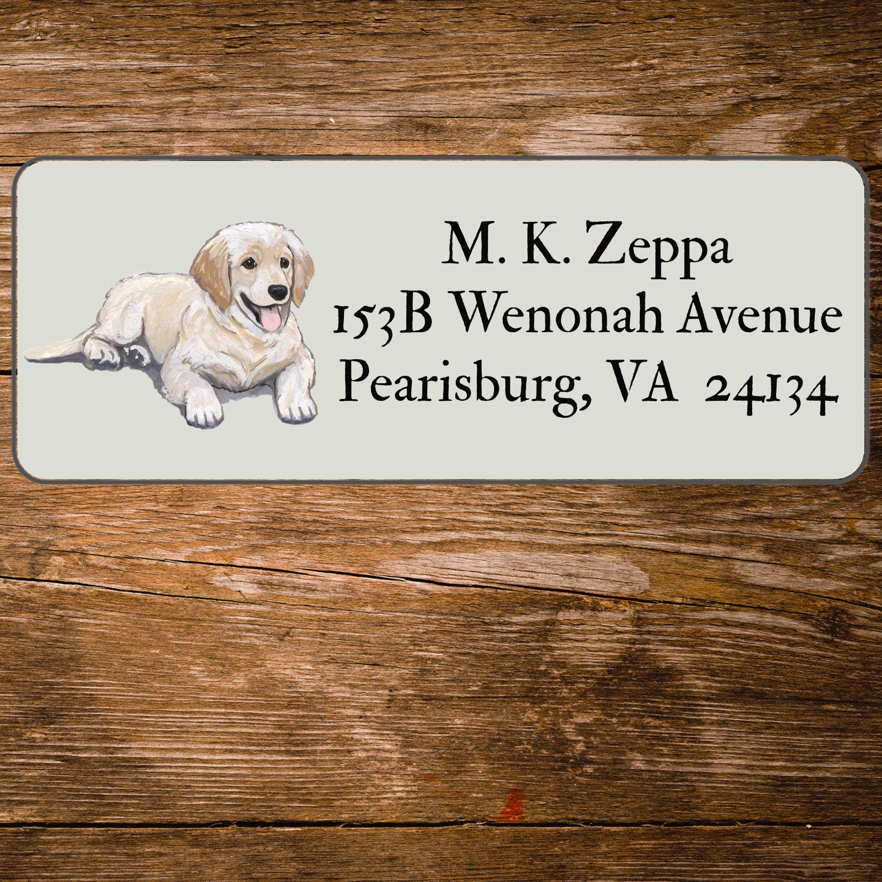 Return address label with a Golden Retriever illustration.