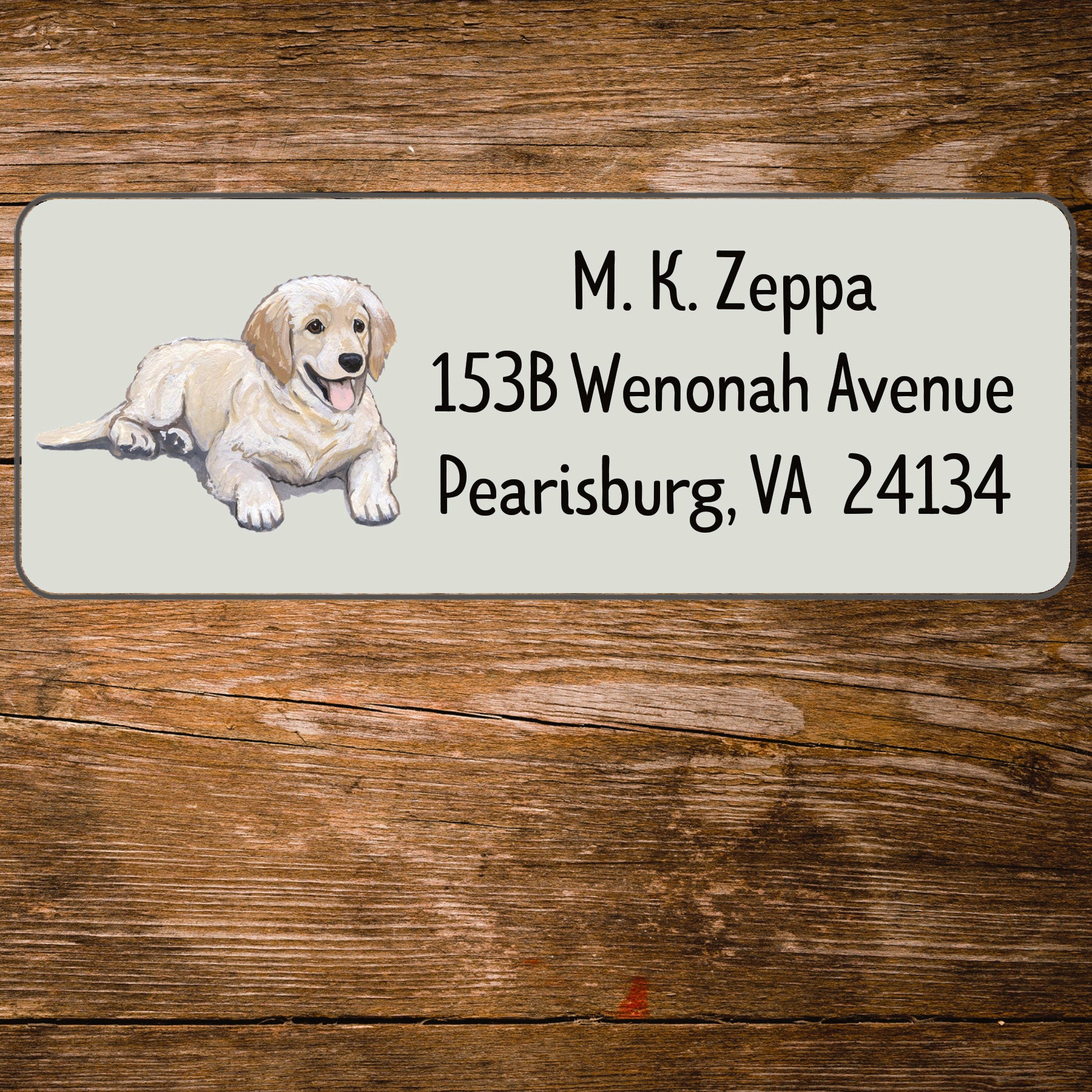Return address label with a Golden Retriever illustration.