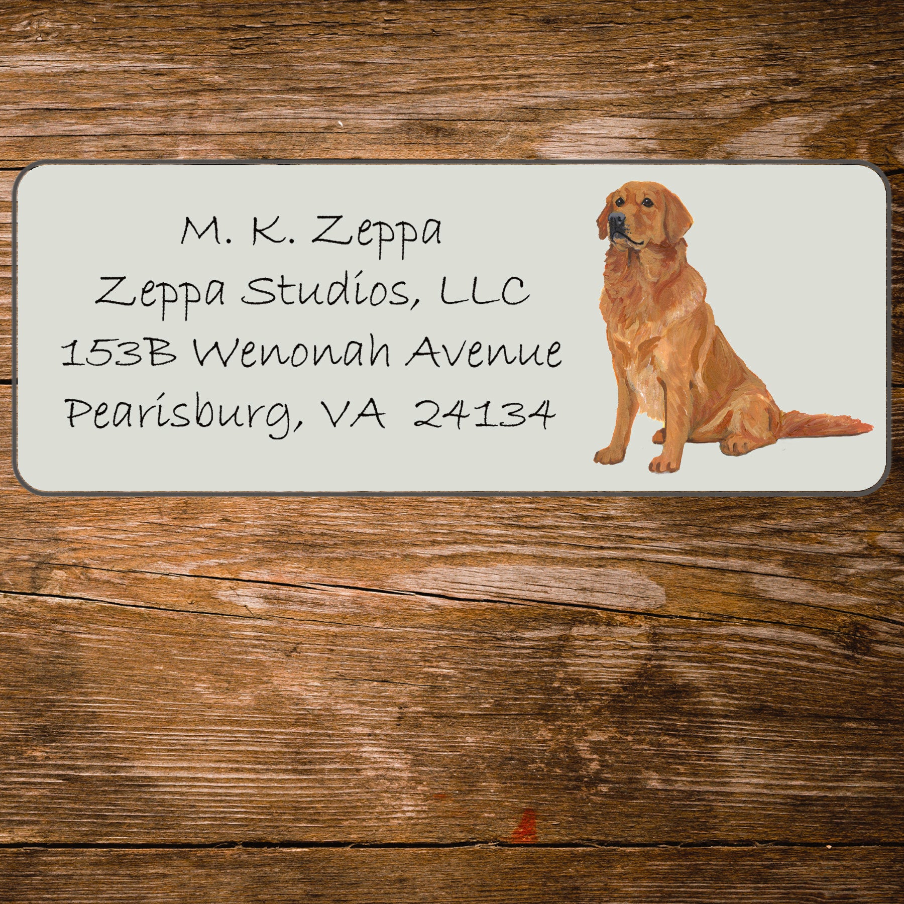 Return address label with a Golden Retriever illustration.