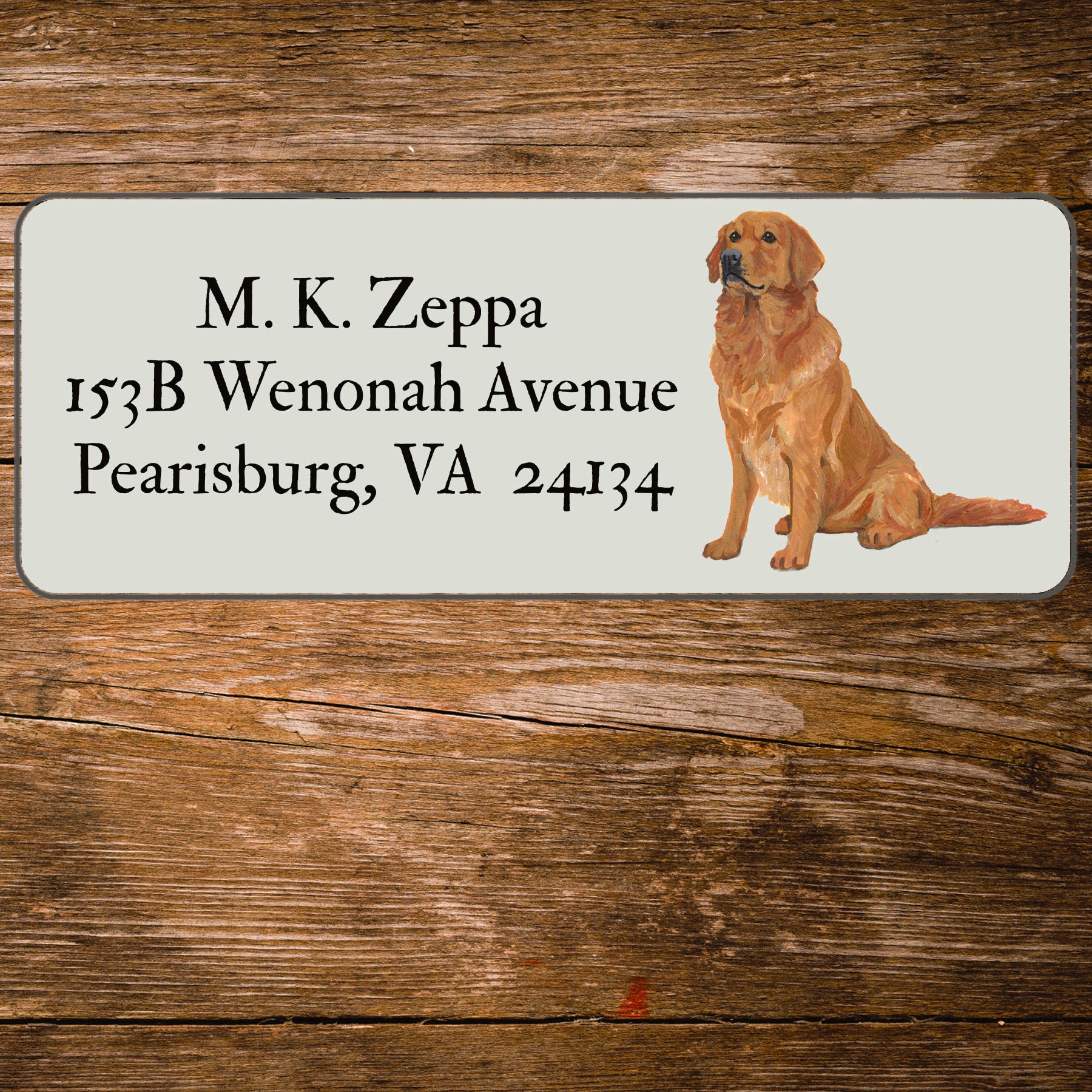 Return address label with a Golden Retriever illustration.