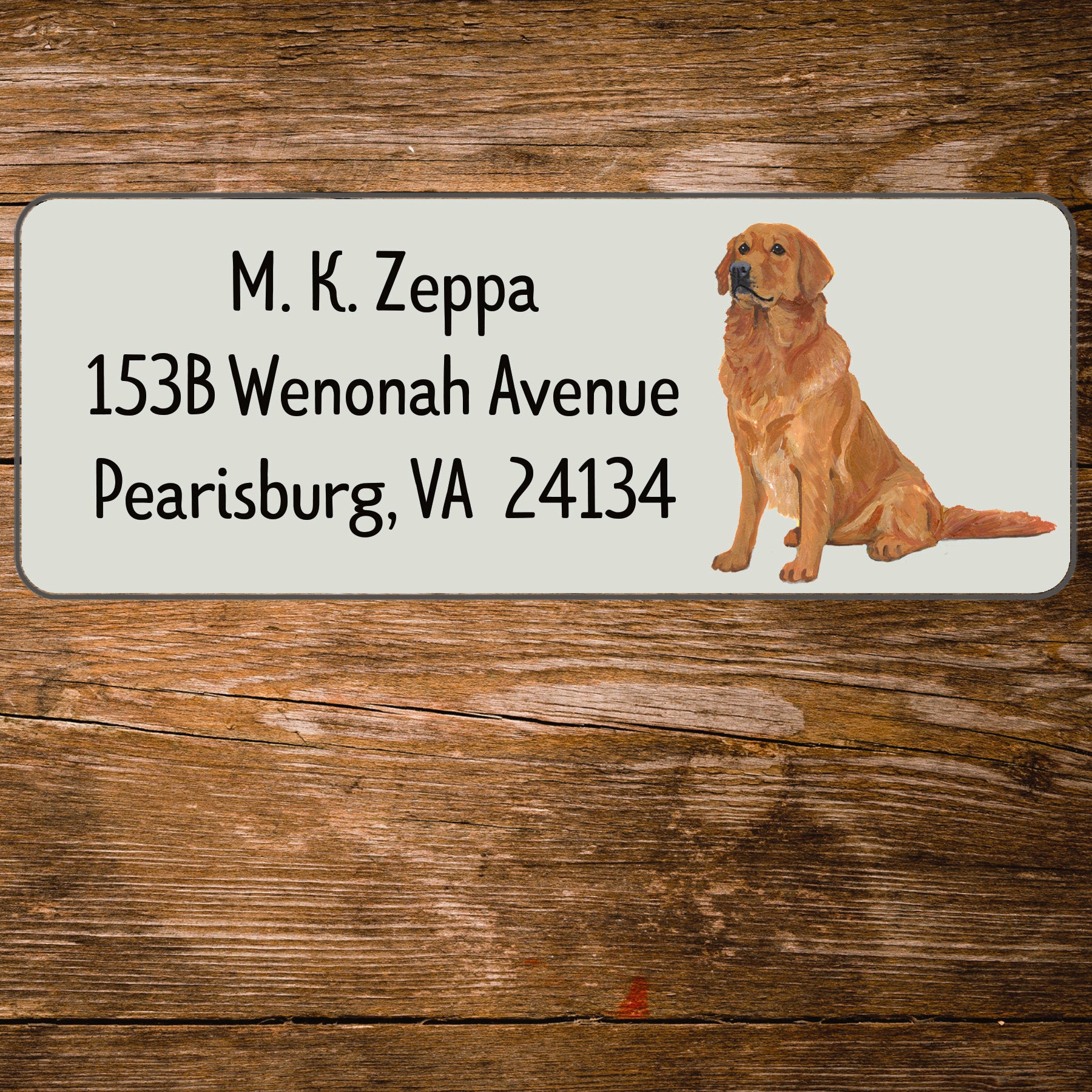 Return address label with a Golden Retriever illustration.