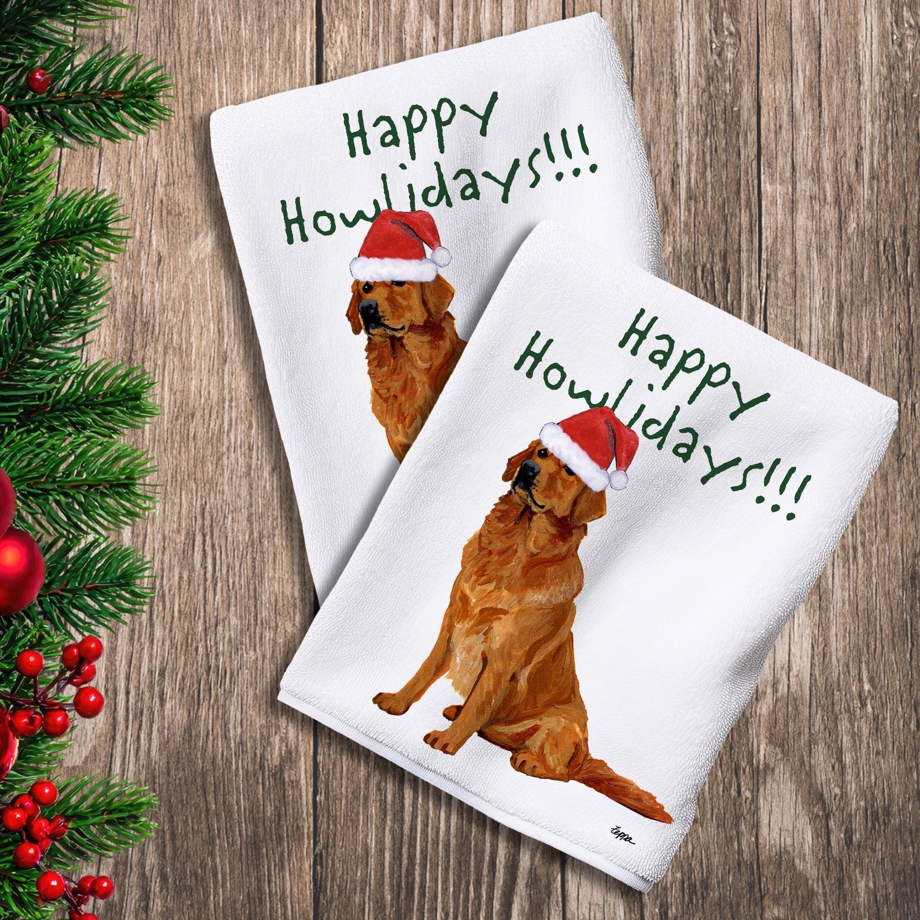 2 Kitchen Towels with a sitting Golden Retriever in a Santa Hat and Happy Howlidays text.
