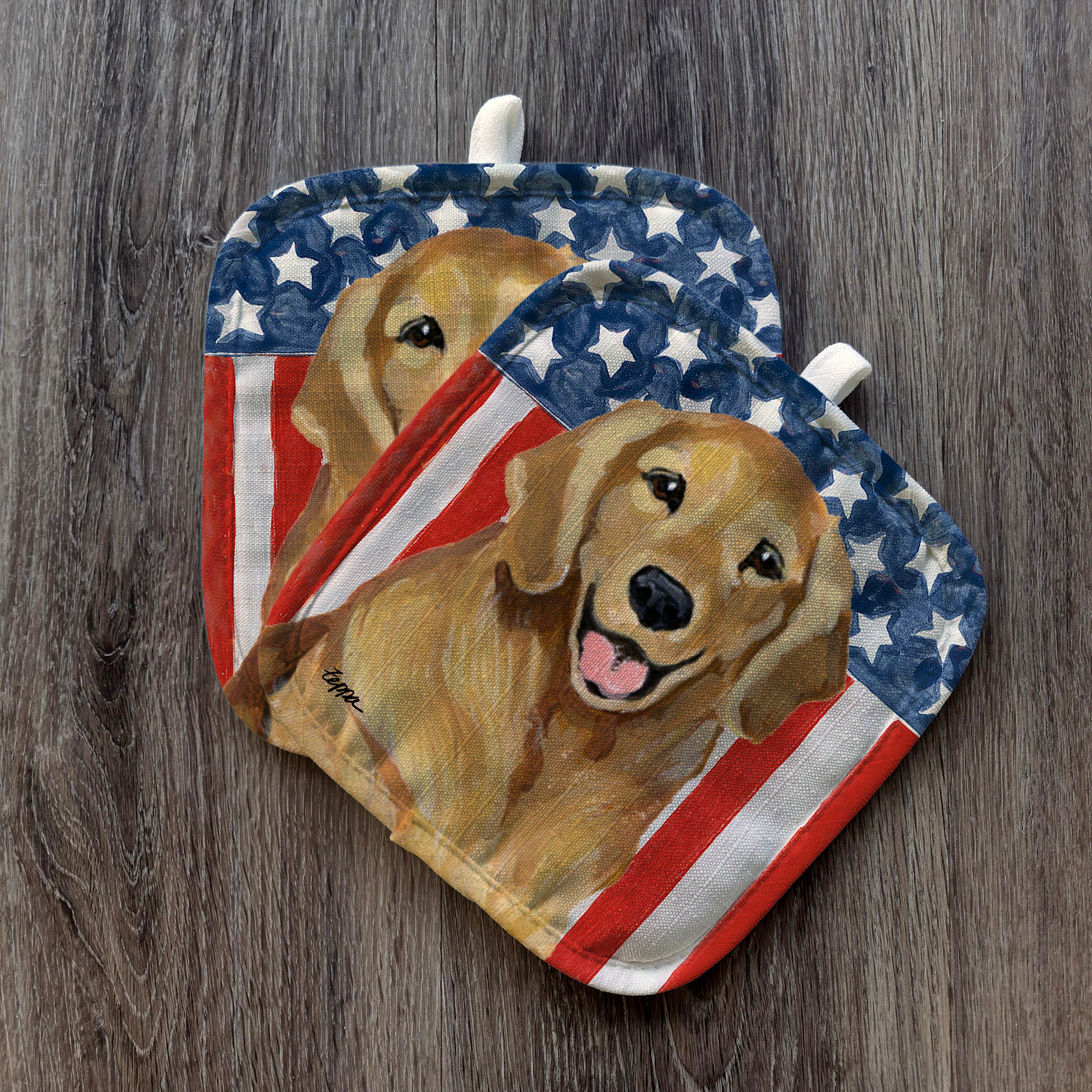 Smiling Golden Retriever Americana Pot Holder Set