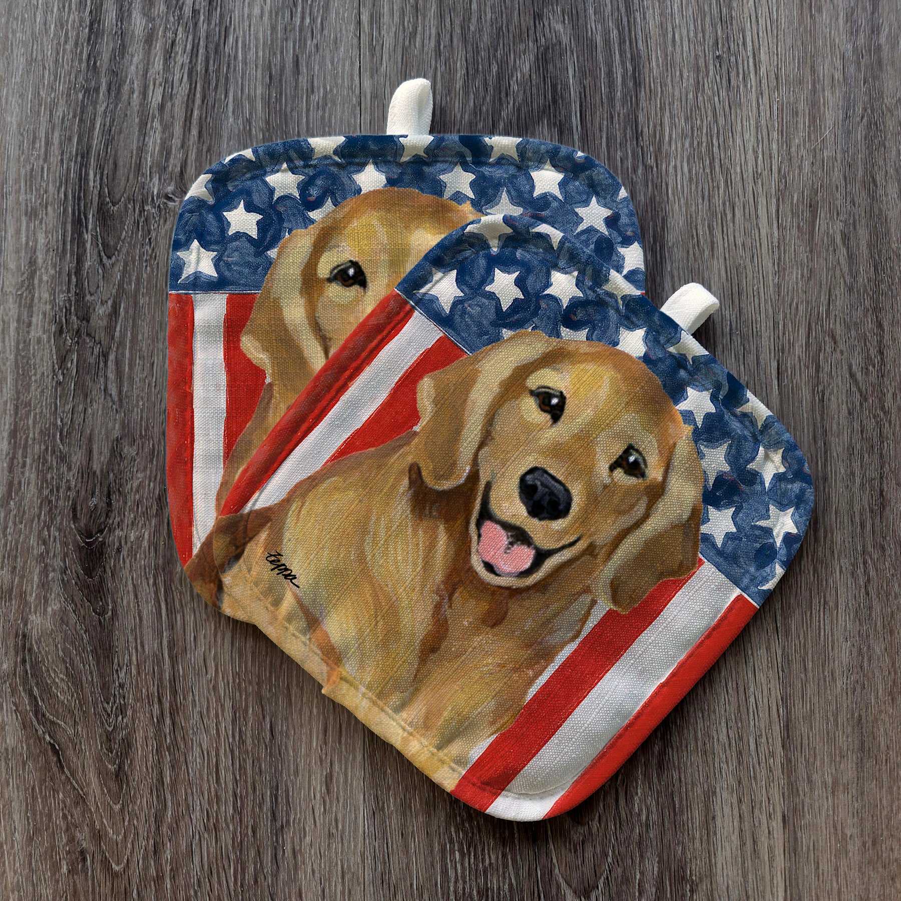 Smiling Golden Retriever Americana Pot Holder Set