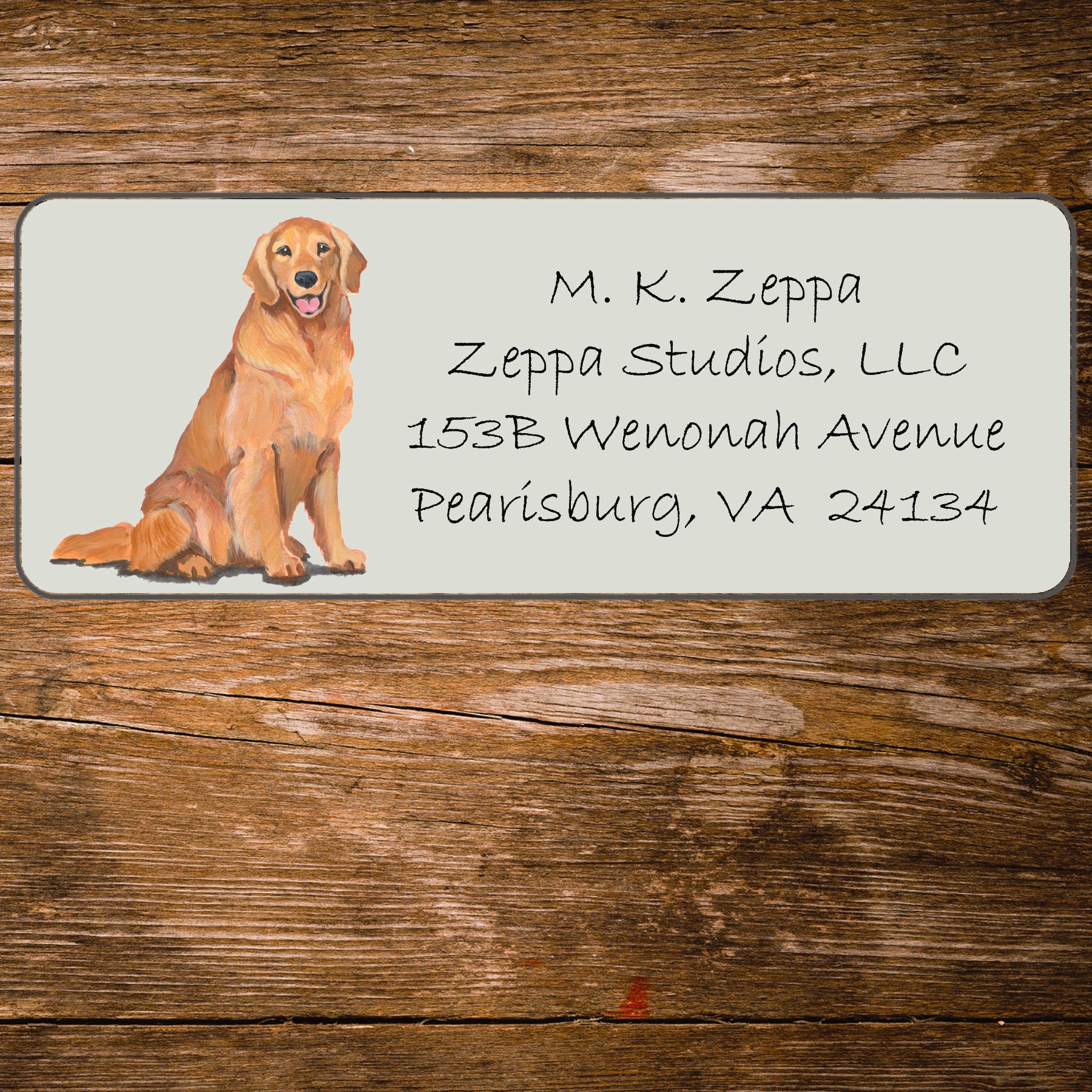 Return address label with a Golden Retriever illustration.