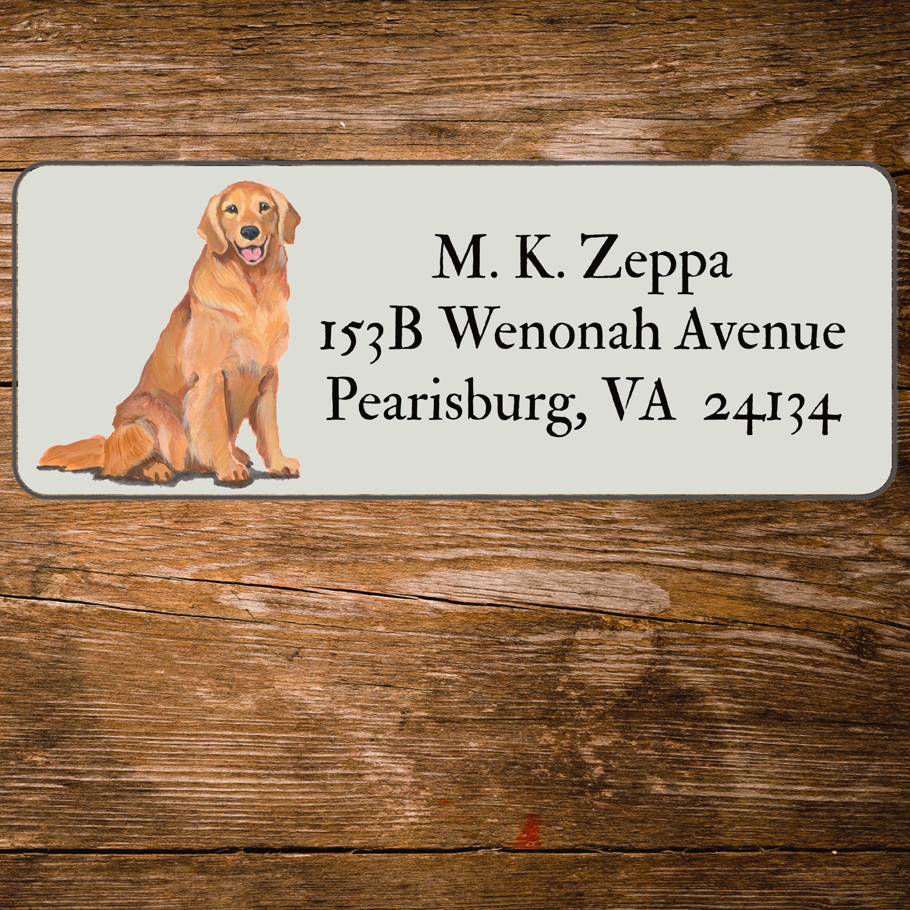 Return address label with a Golden Retriever illustration.