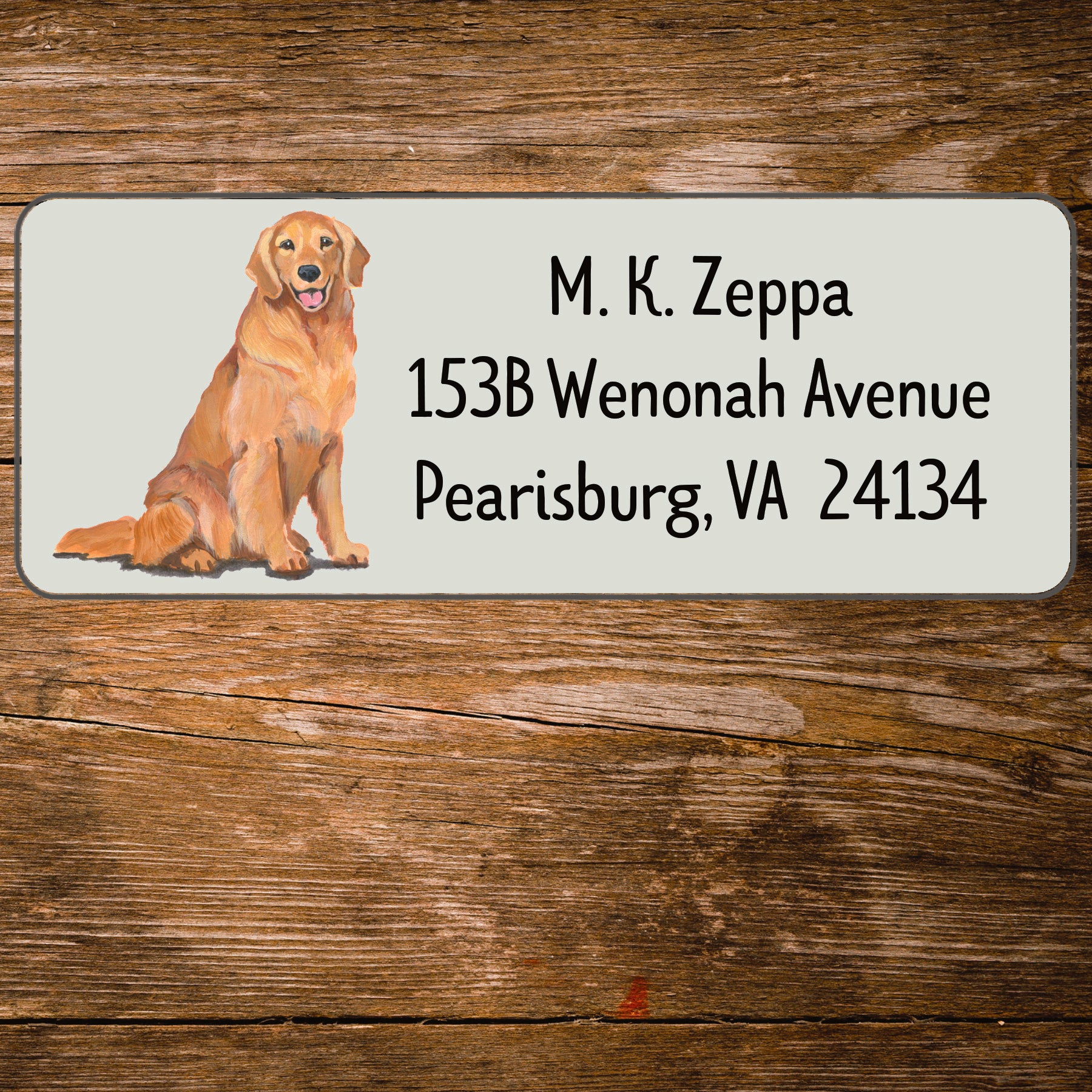 Return address label with a Golden Retriever illustration.