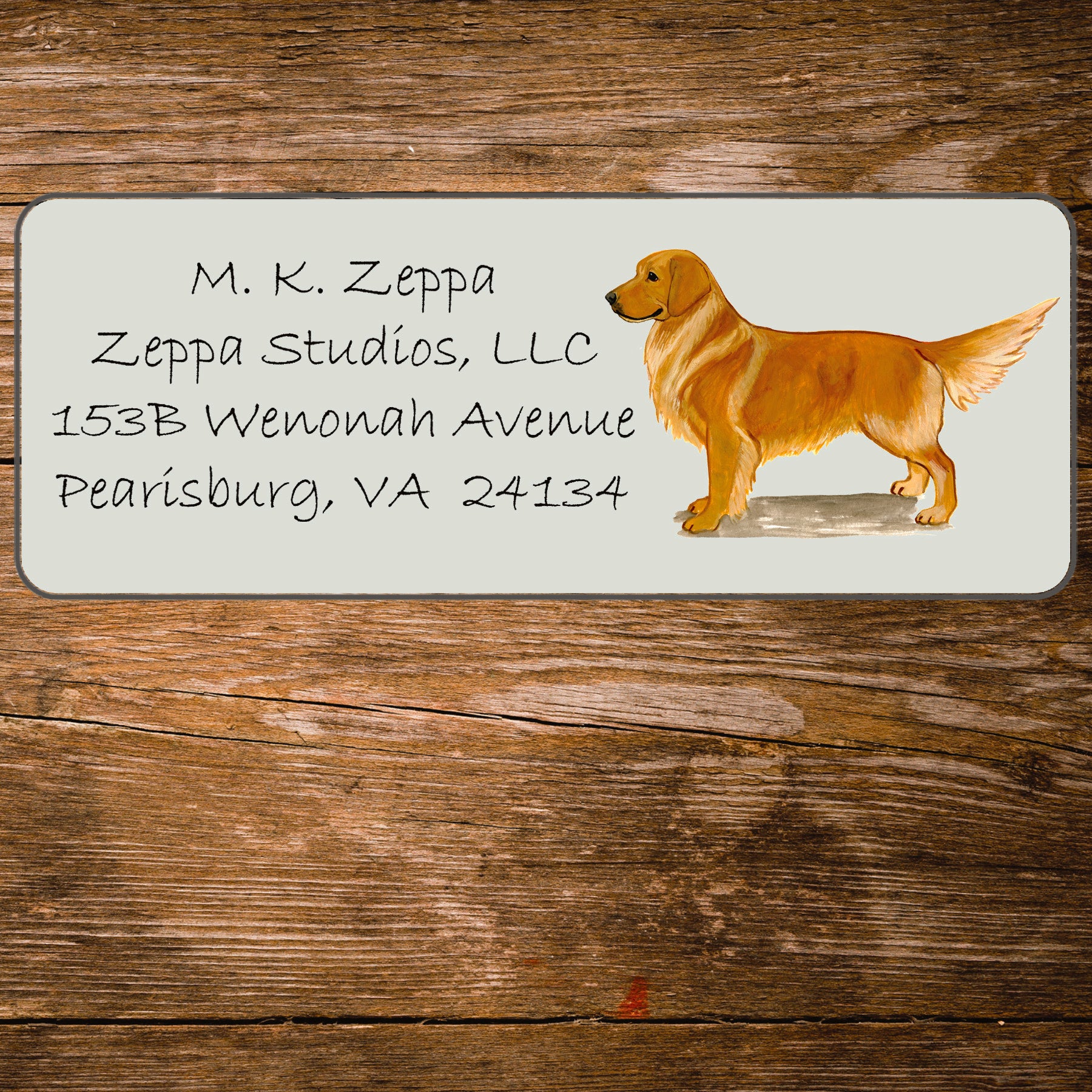 Return address label with a Golden Retriever illustration.