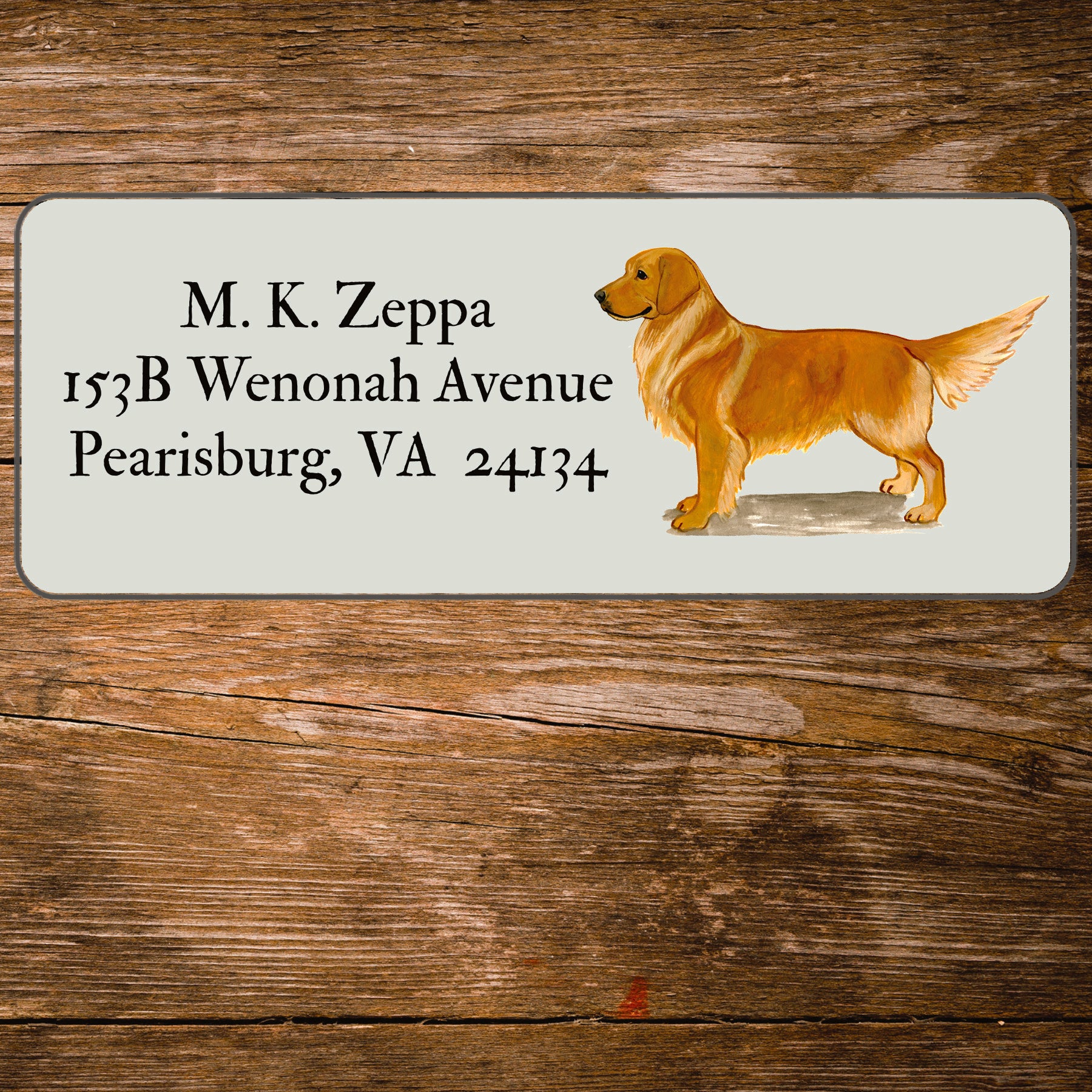 Return address label with a Golden Retriever illustration.