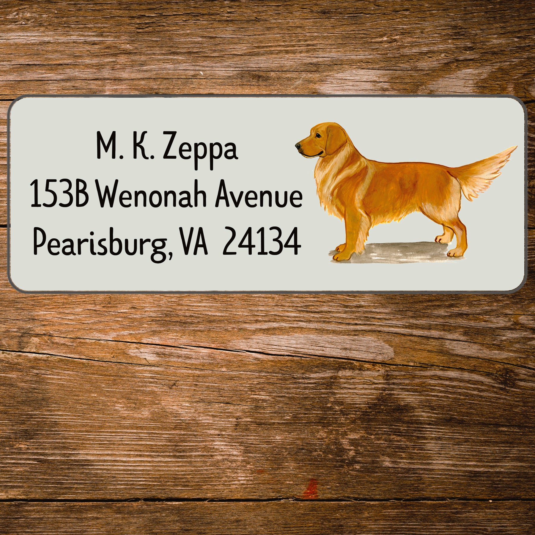 Return address label with a Golden Retriever illustration.