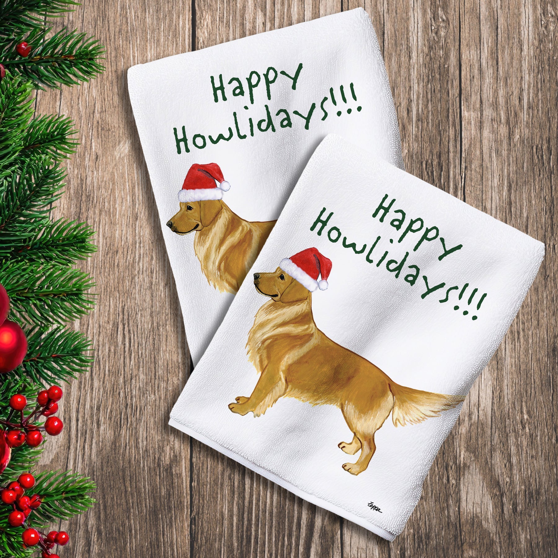 2 Kitchen Towels with a standing Golden Retriever in a Santa Hat and Happy Howlidays text.
