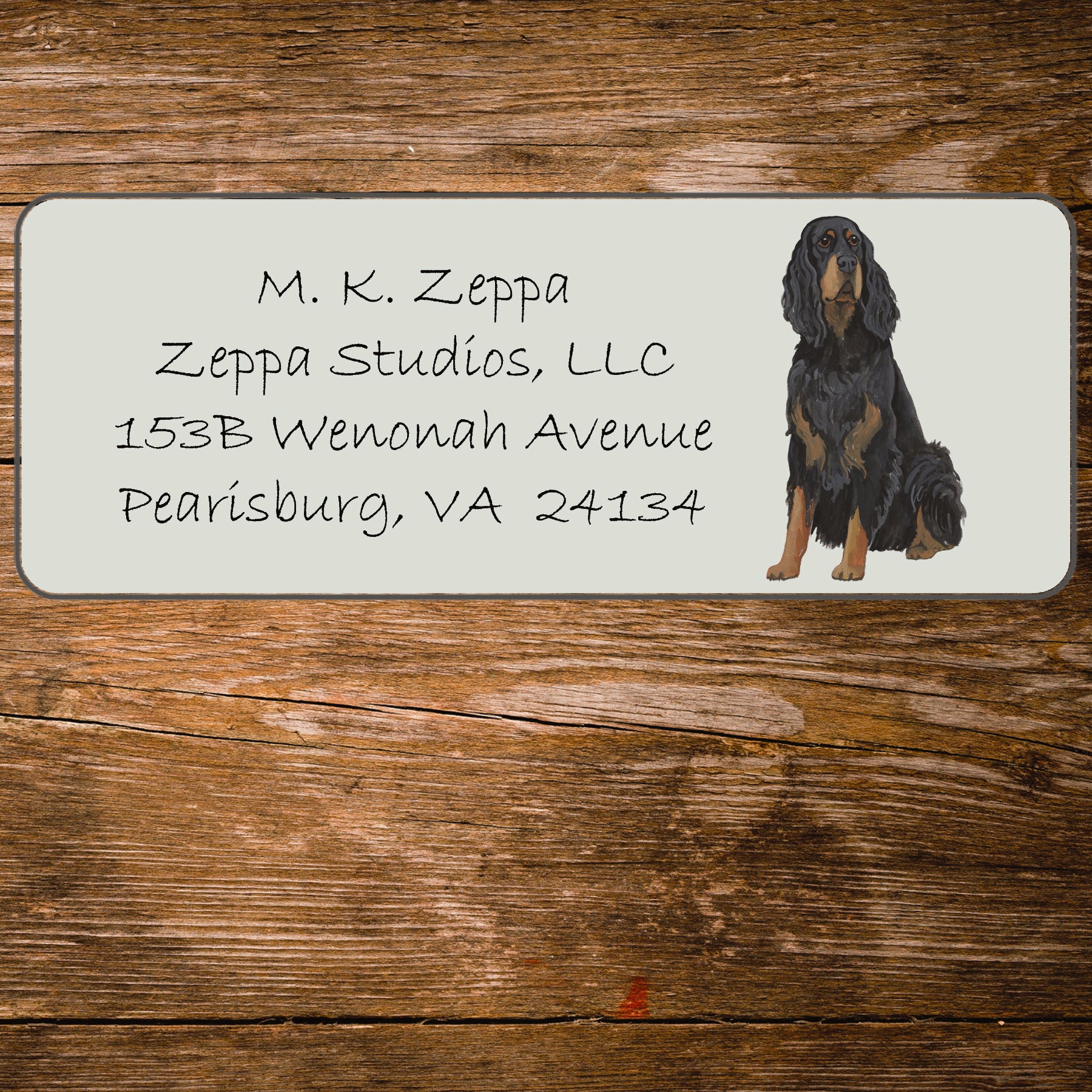 Return address label with a Gordon Setter illustration.