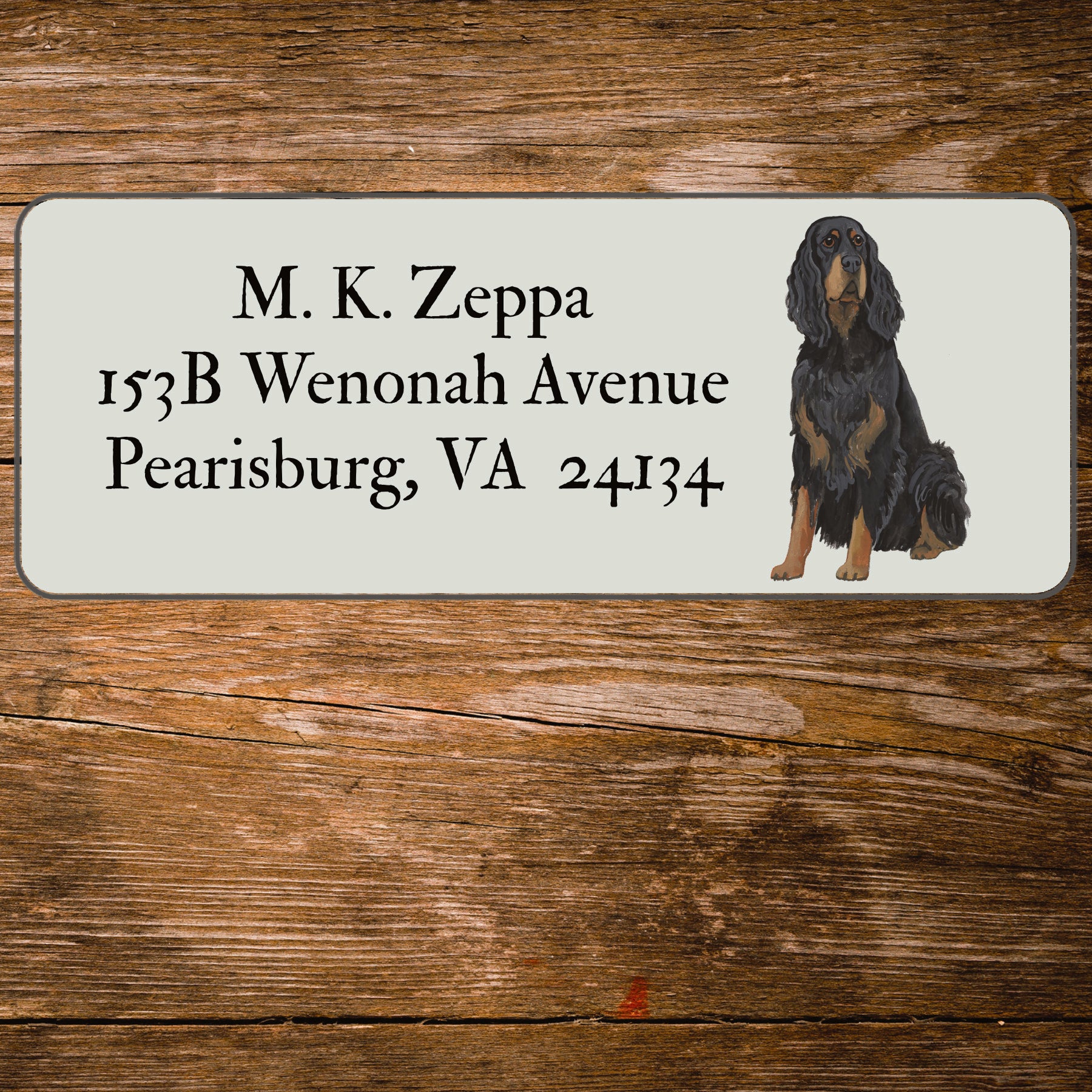 Return address label with a Gordon Setter illustration.