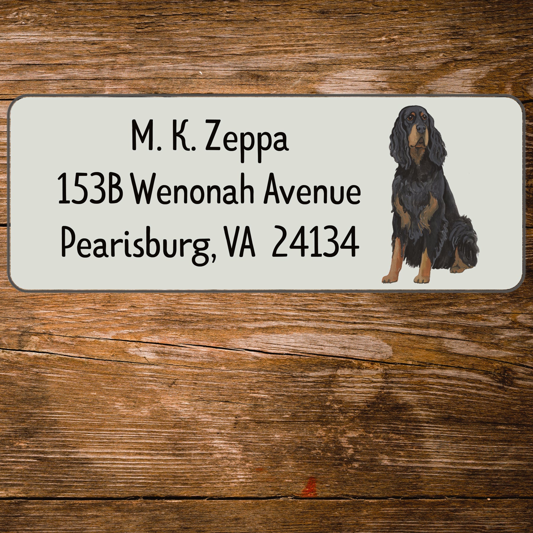 Return address label with a Gordon Setter illustration.