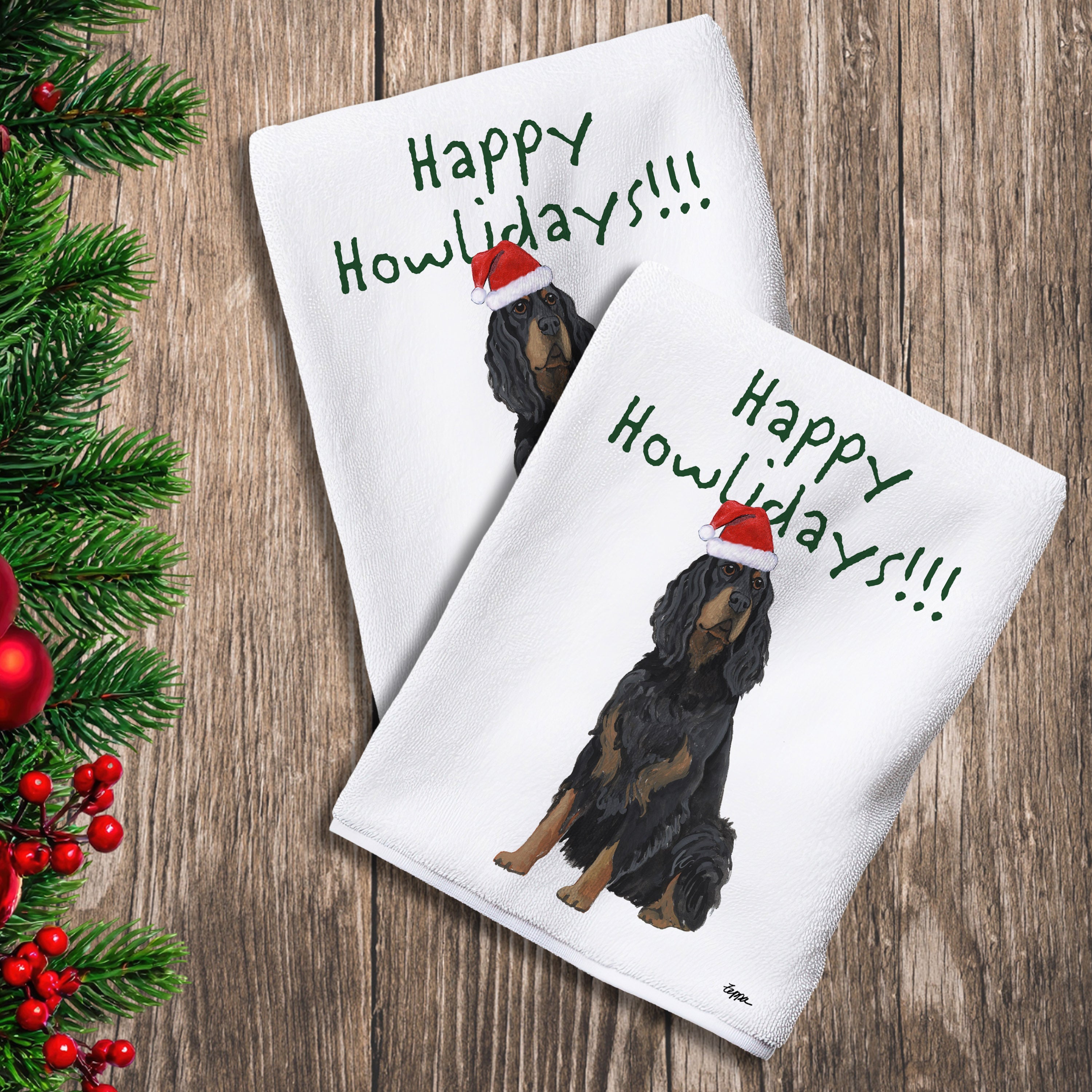 2 Kitchen Towels with a Gordon Setter in a Santa Hat and Happy Howlidays text.

