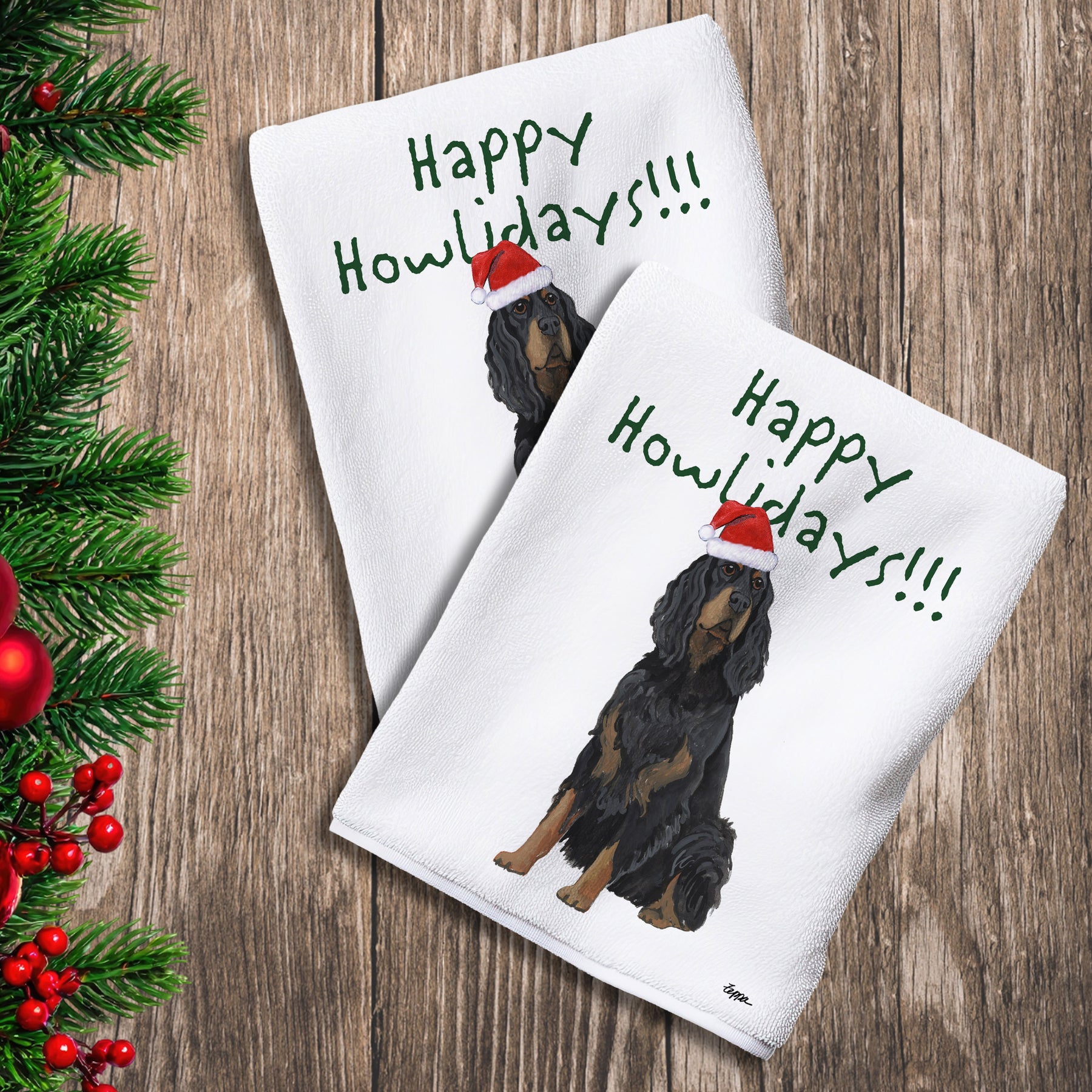 2 Kitchen Towels with a Gordon Setter in a Santa Hat and Happy Howlidays text.
