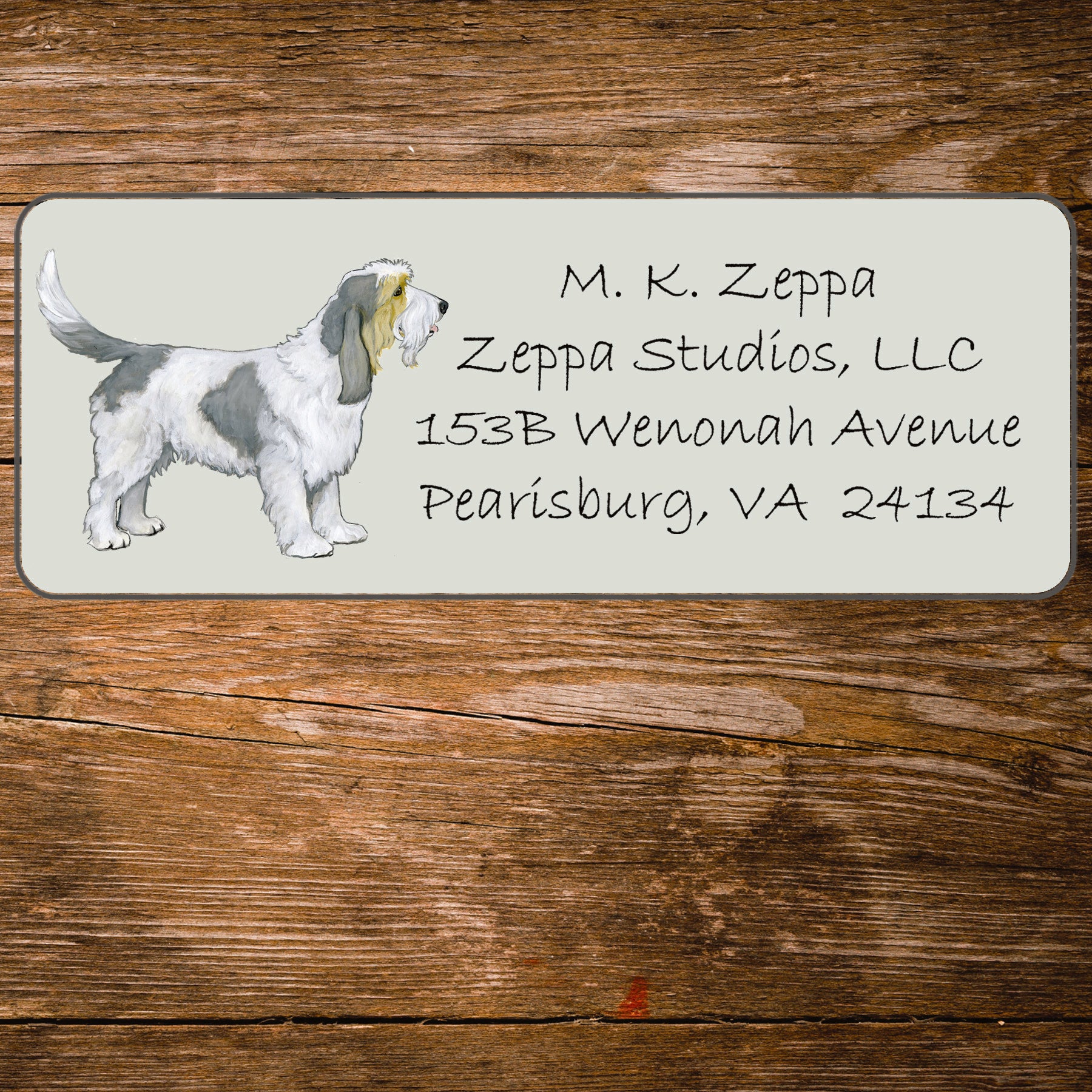 Return address label with an illustration of a Grand Basset Griffon Vendeen.