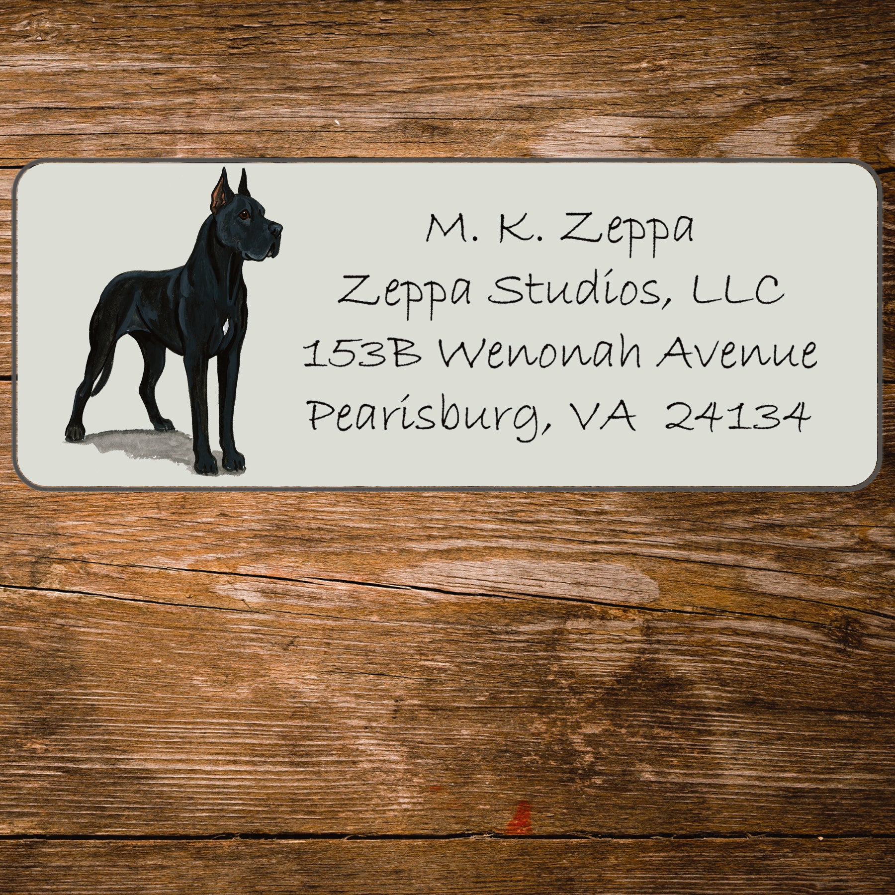 Return address label with a Great Dane illustration.