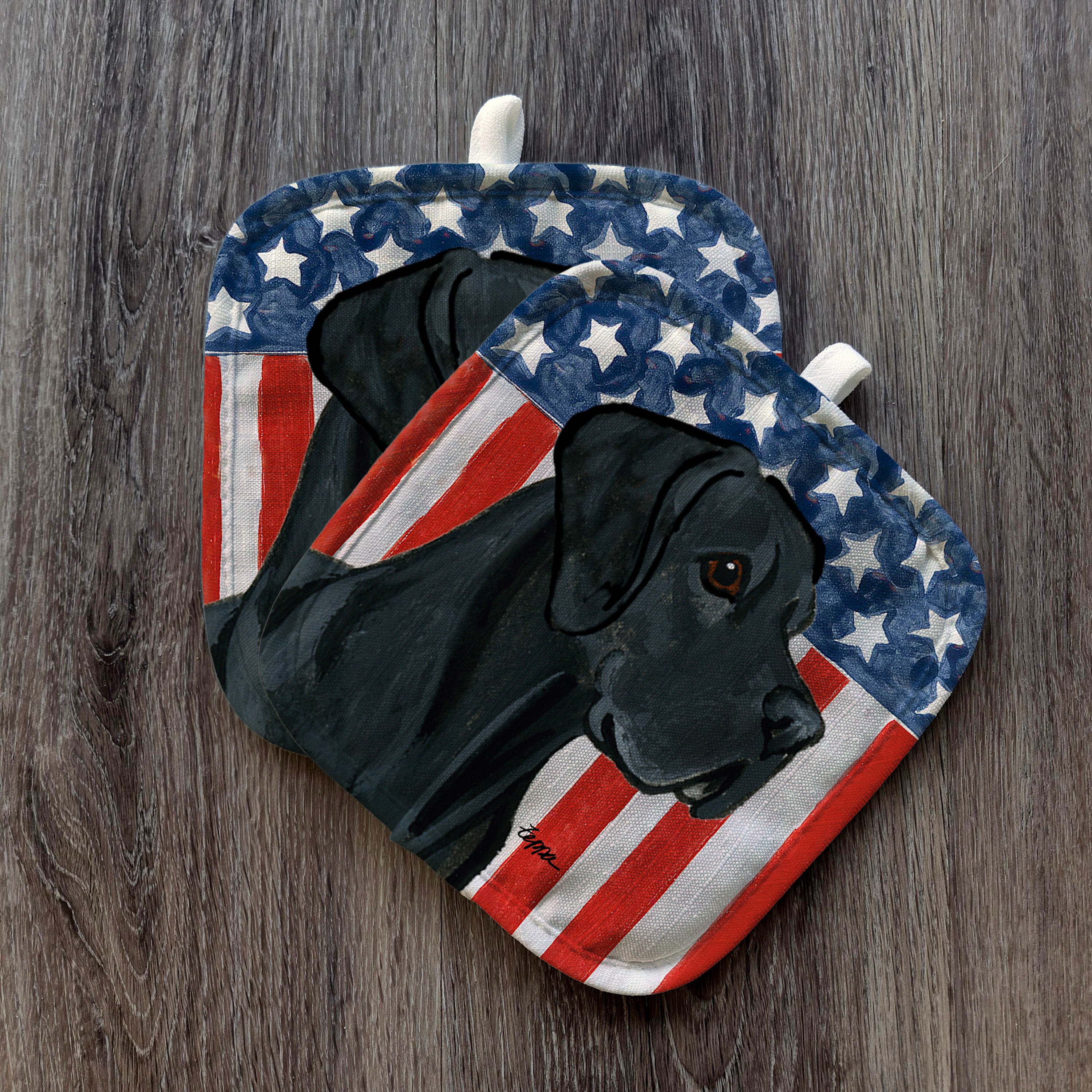 Black Uncropped Great Dane Americana Pot Holder Set