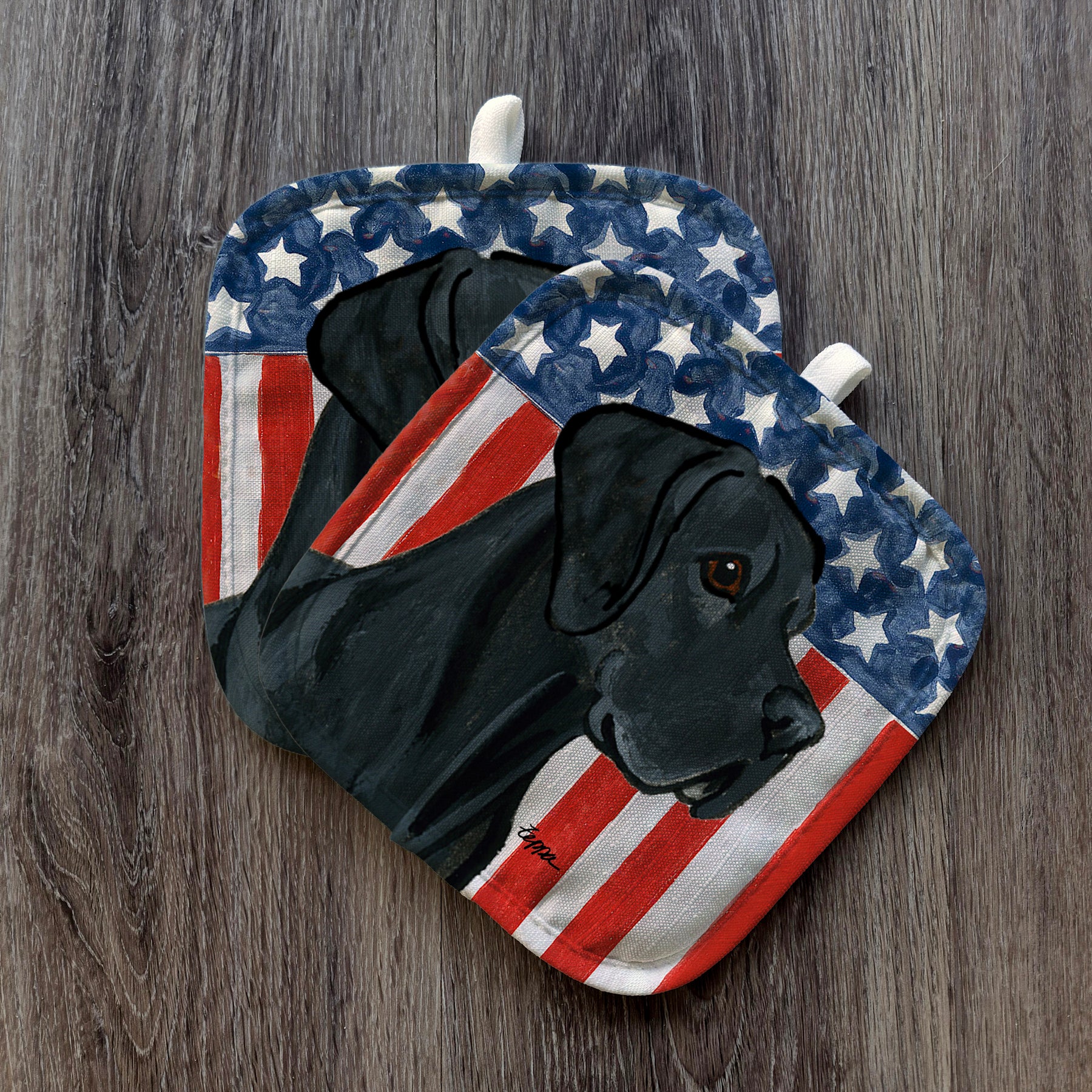 Black Uncropped Great Dane Americana Pot Holder Set