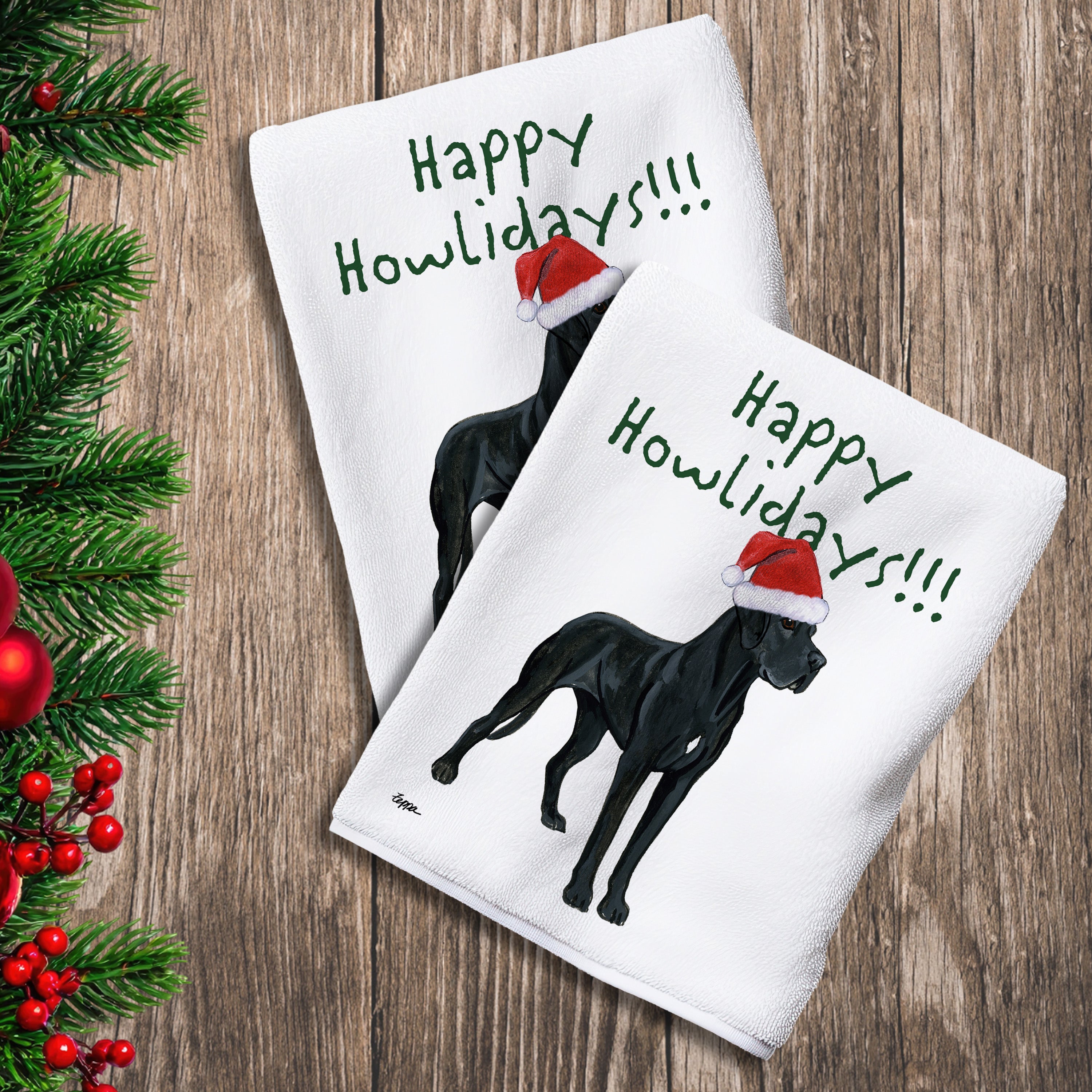 2 Kitchen Towels with a black Great Dane with natural ears in a Santa Hat and Happy Howlidays text.