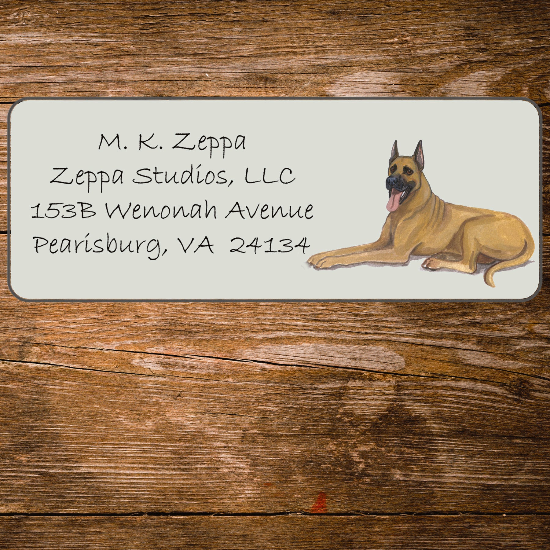 Return address label with a Great Dane illustration.