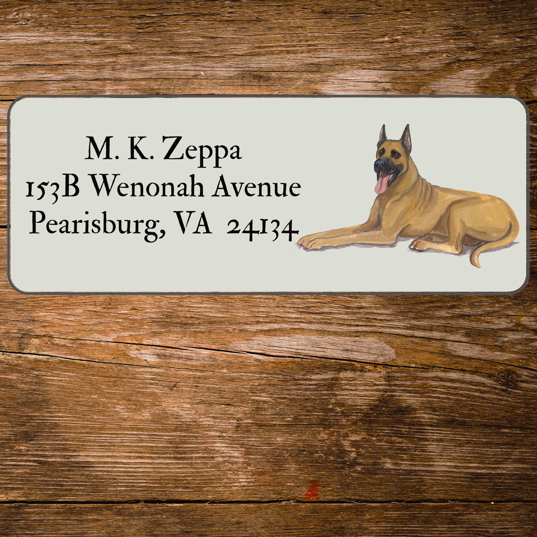 Return address label with a Great Dane illustration.