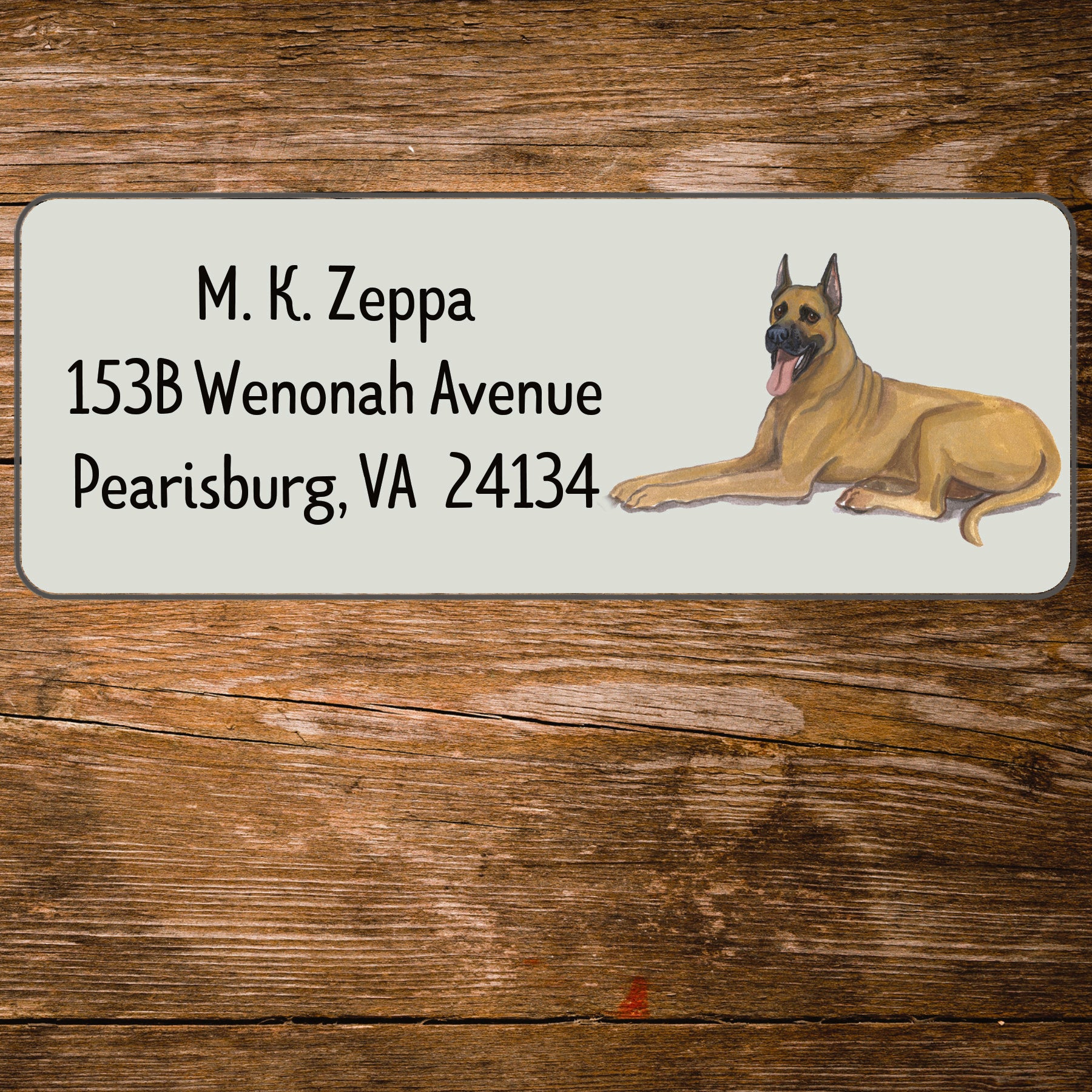 Return address label with a Great Dane illustration.