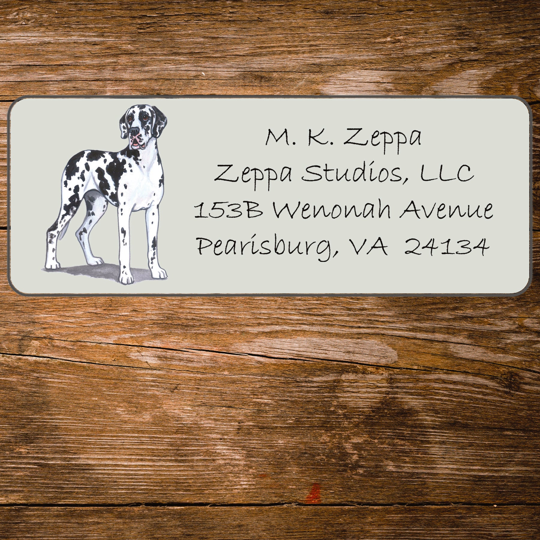 Return address label with a Great Dane illustration.
